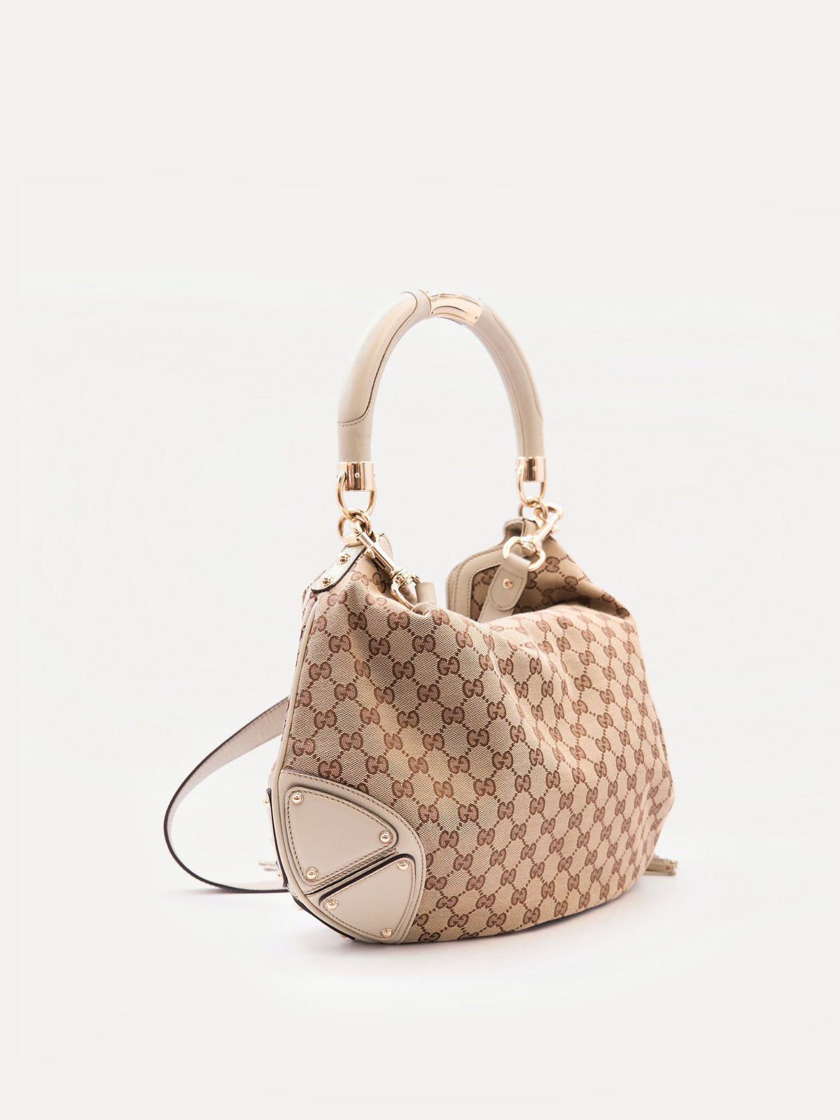 00's Gucci Indy Bamboo Beige GG Canvas Sholder Bag