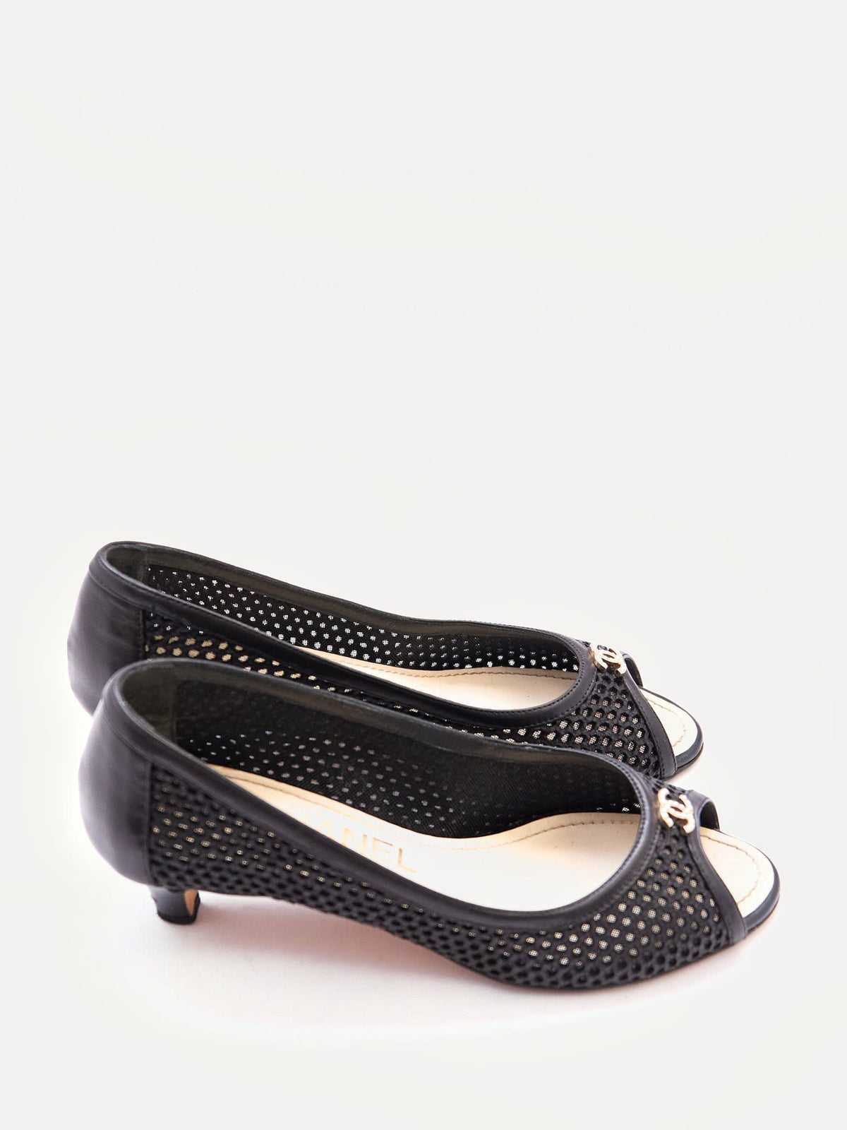 Chanel Black Mesh Peep Toe Kitten Heels Size 35.5