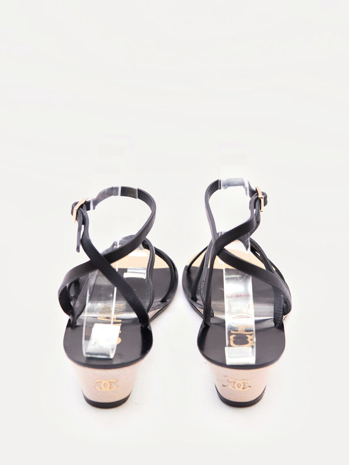 Chanel Black Strappy Wedge Sandals Size 36.5
