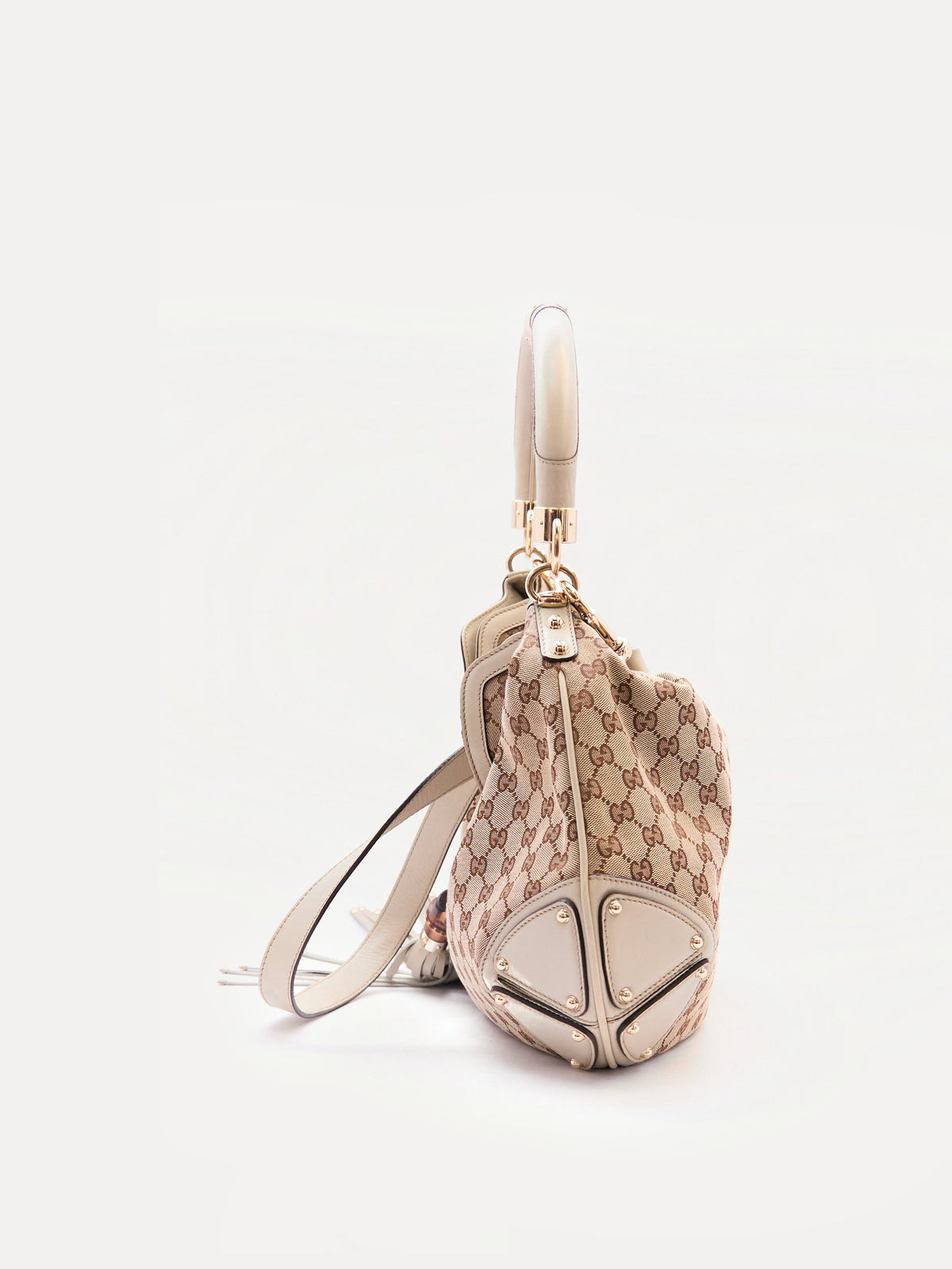 00's Gucci Indy Bamboo Beige GG Canvas Sholder Bag
