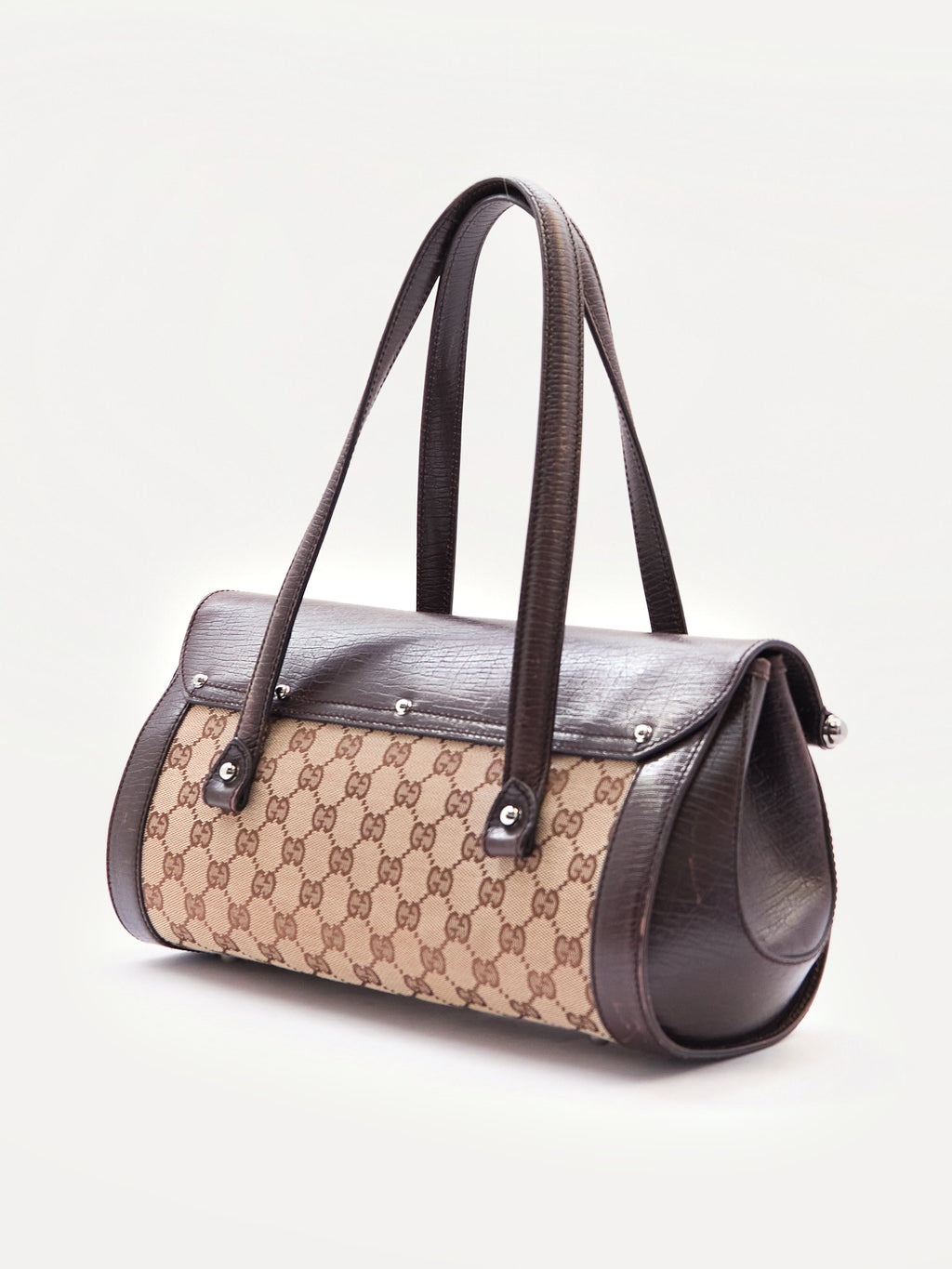 00's Gucci Bullet Bamboo Brown GG Canvas Handbag