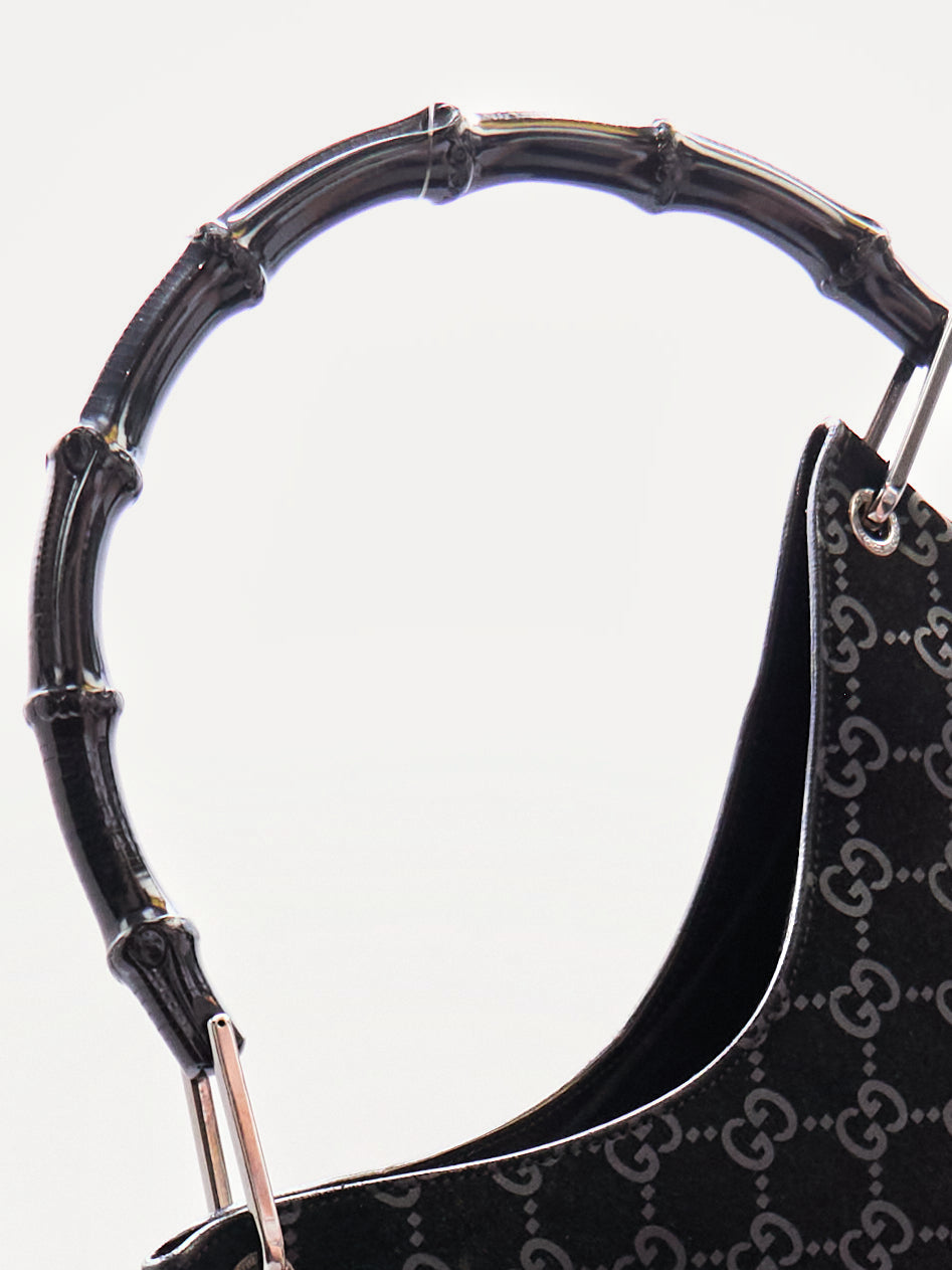 Gucci Black Bamboo Handle Monogram Bag