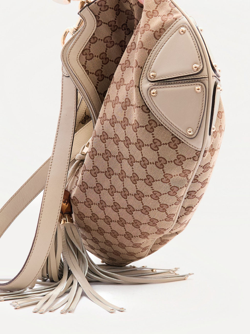 00's Gucci Indy Bamboo Beige GG Canvas Sholder Bag