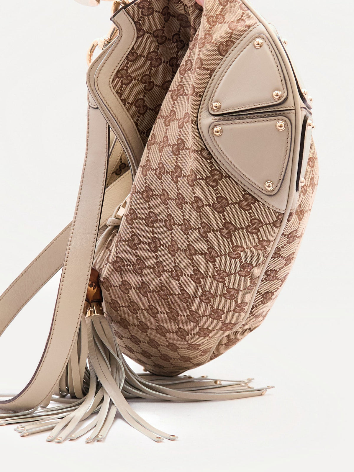 00's Gucci Indy Bamboo Beige GG Canvas Sholder Bag