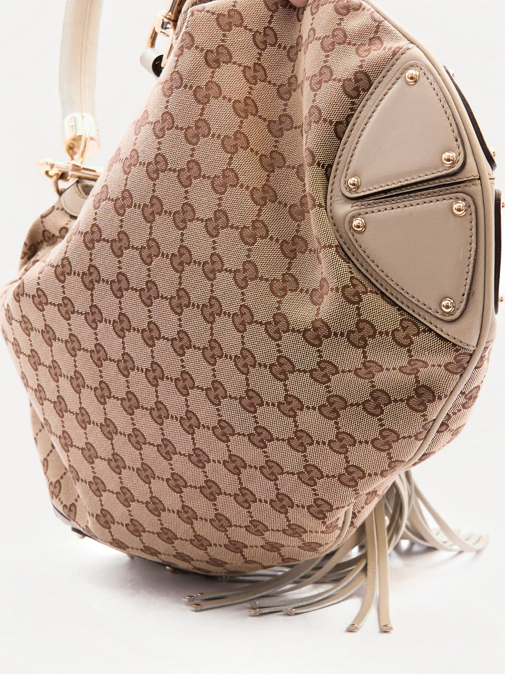 00's Gucci Indy Bamboo Beige GG Canvas Sholder Bag