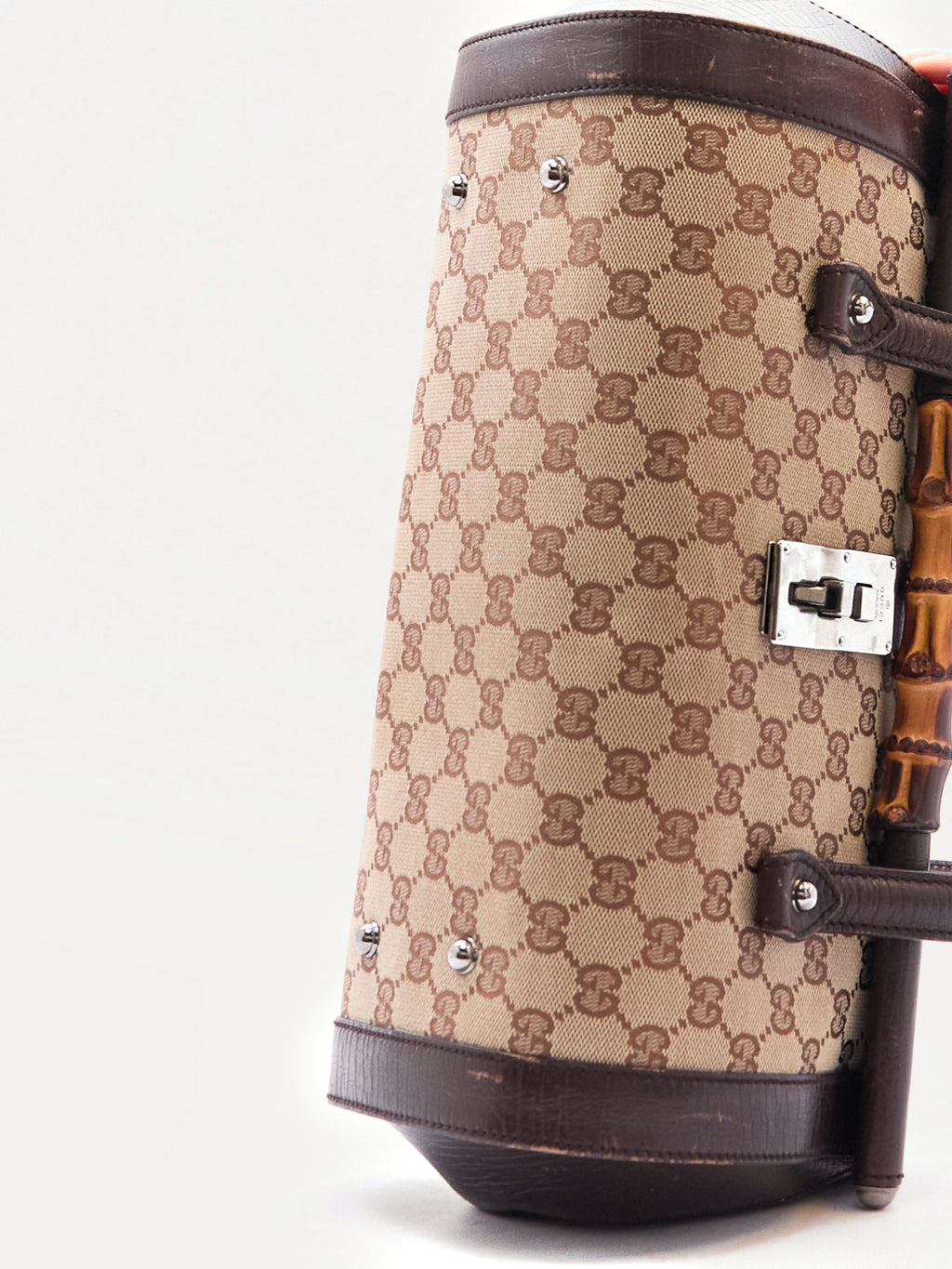 00's Gucci Bullet Bamboo Brown GG Canvas Handbag