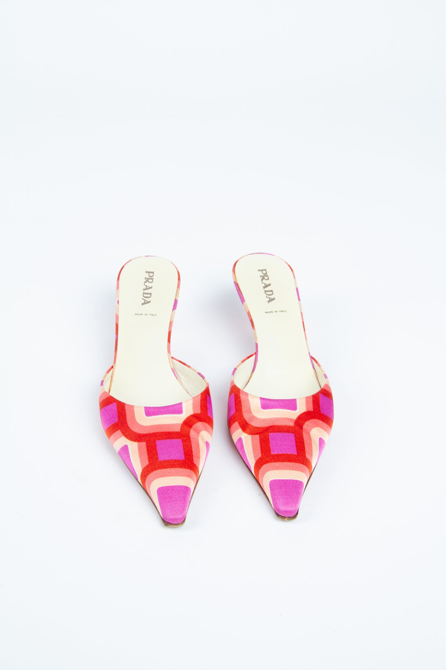 Vintage Prada 2000s Size 39 Geometric Print Pink Mules | Y2K Designer Heels Shoes