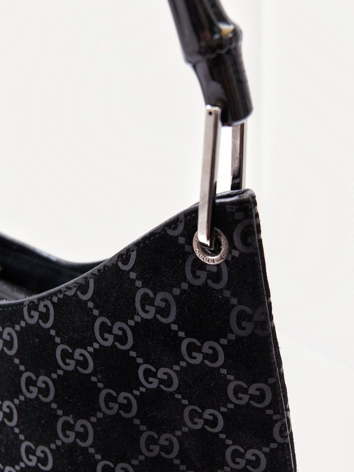 Gucci Black Bamboo Handle Monogram Bag