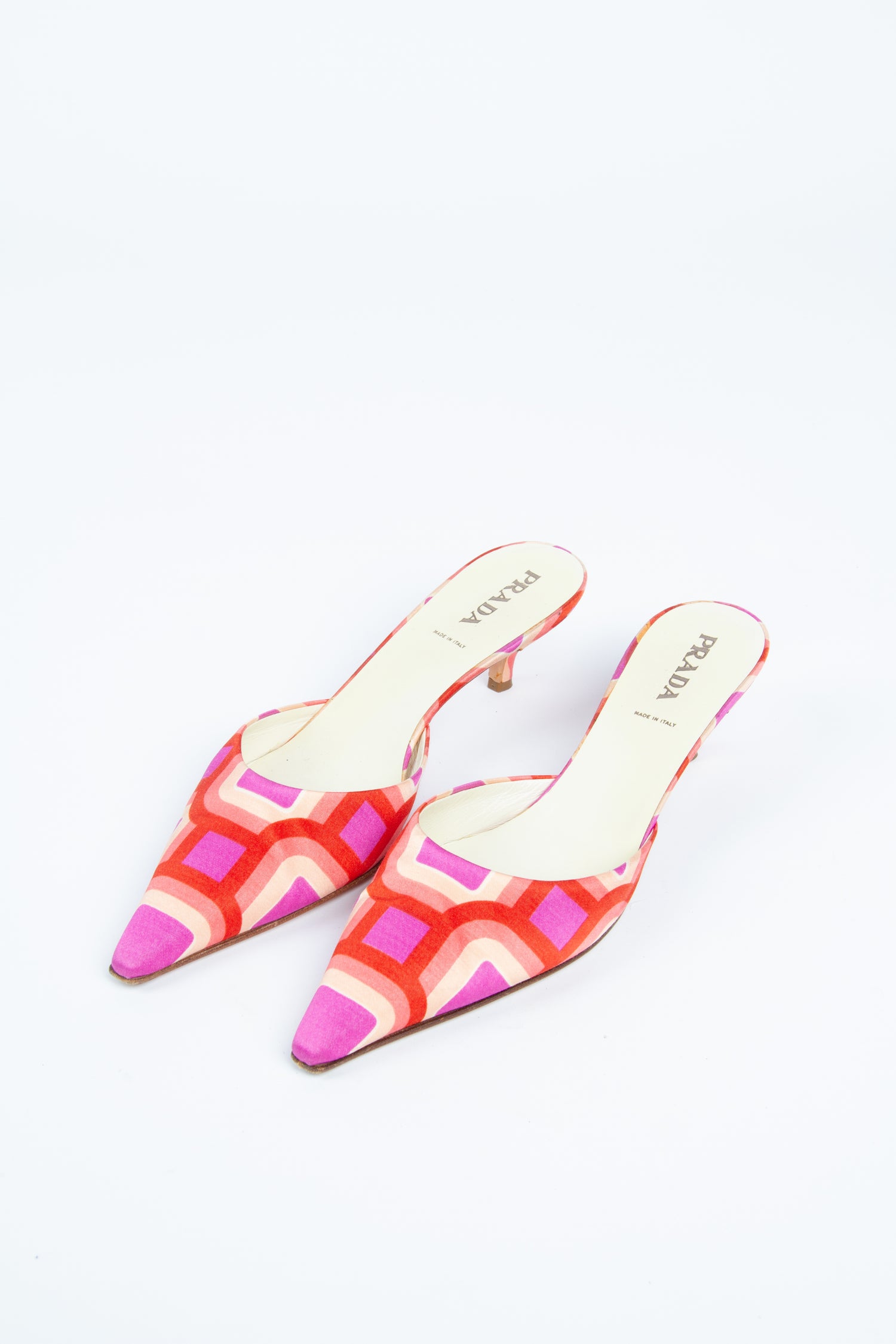 Vintage Prada 2000s Size 39 Geometric Print Pink Mules | Y2K Designer Heels Shoes