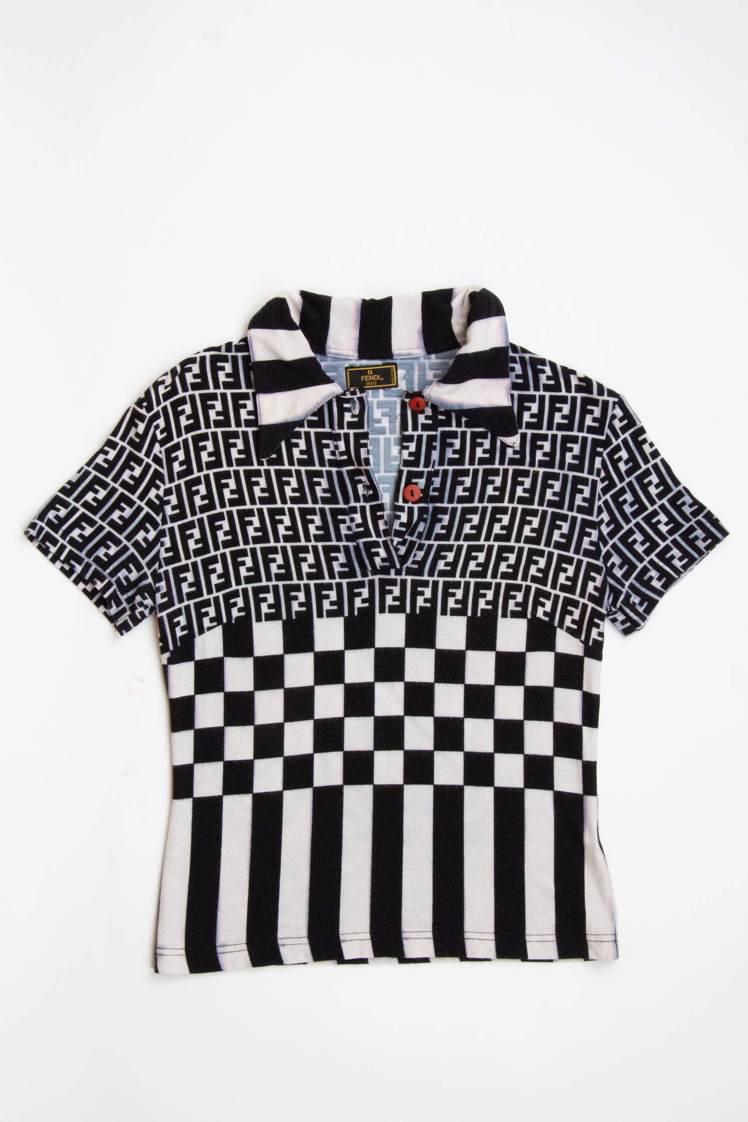 Vintage Designer 2000s Y2K Fendi Collared Black and White Printed Monogram Top | S