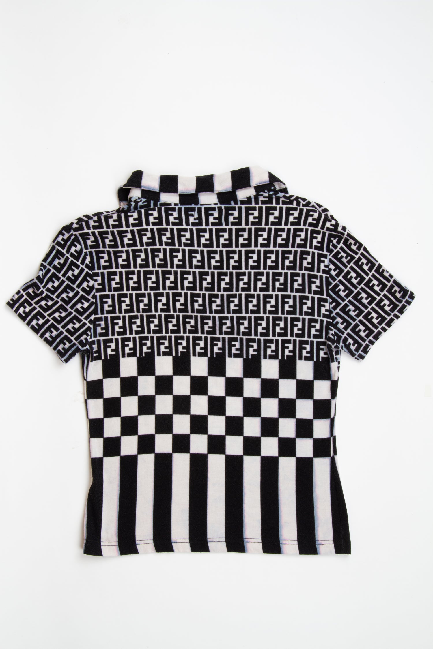 Vintage Designer 2000s Y2K Fendi Collared Black and White Printed Monogram Top | S