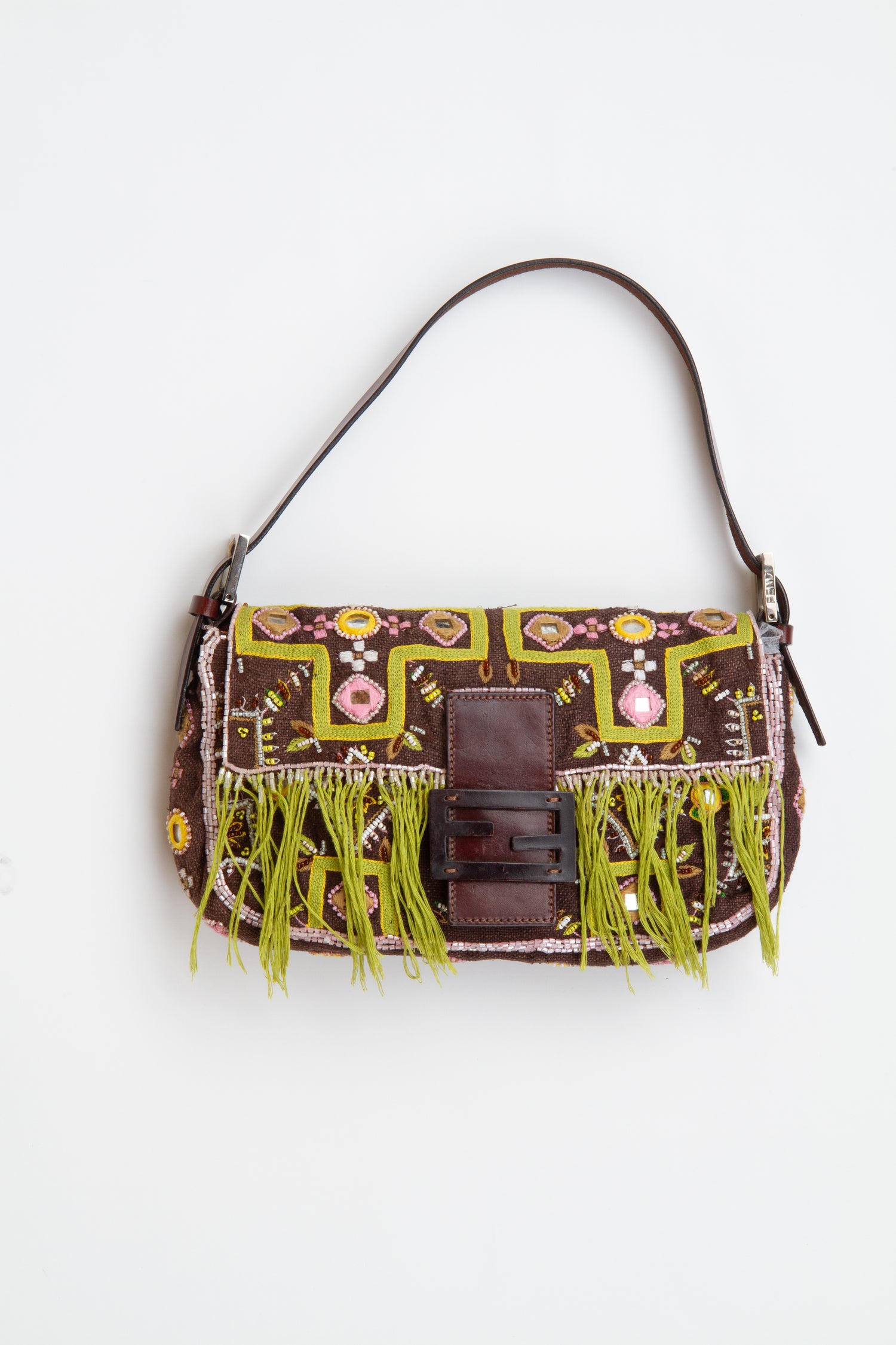 Fendi Floral Embroidered Fringe Beaded Baguette | Vintage Designer Purse