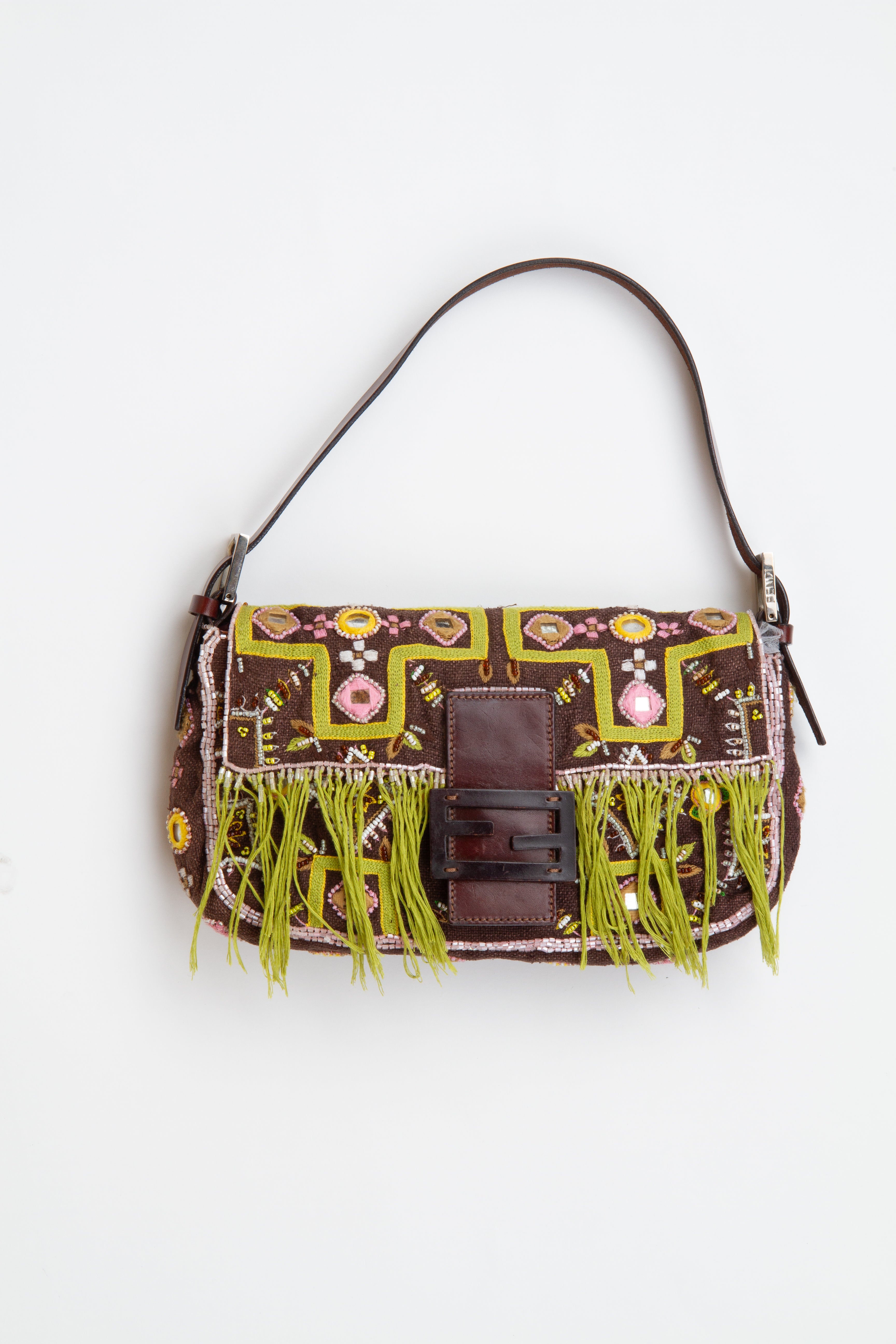 Fendi Floral Embroidered Fringe Beaded Baguette | Vintage Designer Purse