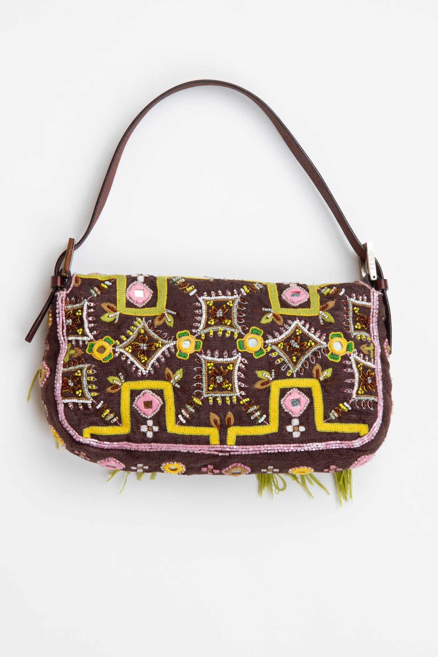 Fendi Floral Embroidered Fringe Beaded Baguette | Vintage Designer Purse