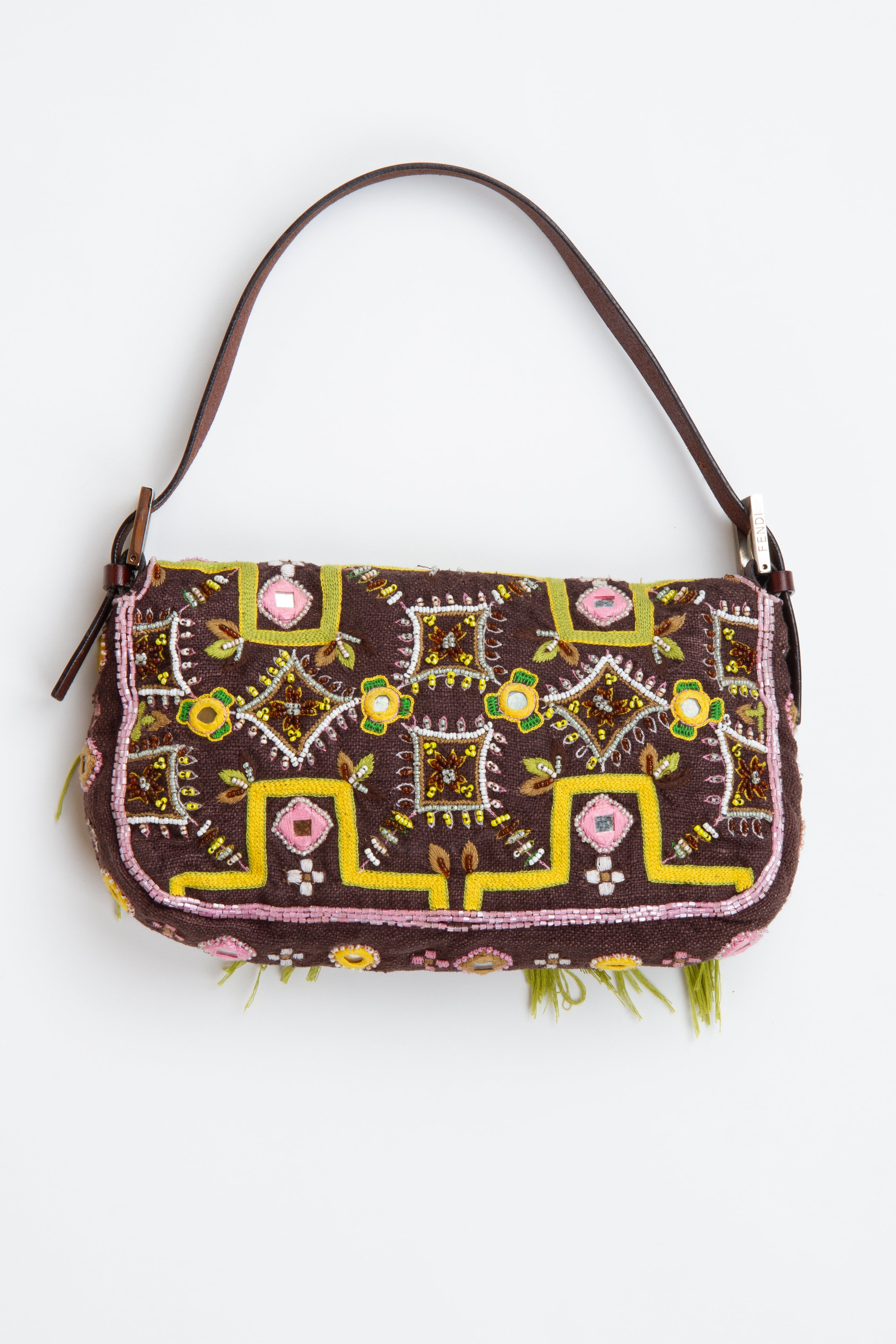 Fendi Floral Embroidered Fringe Beaded Baguette | Vintage Designer Purse