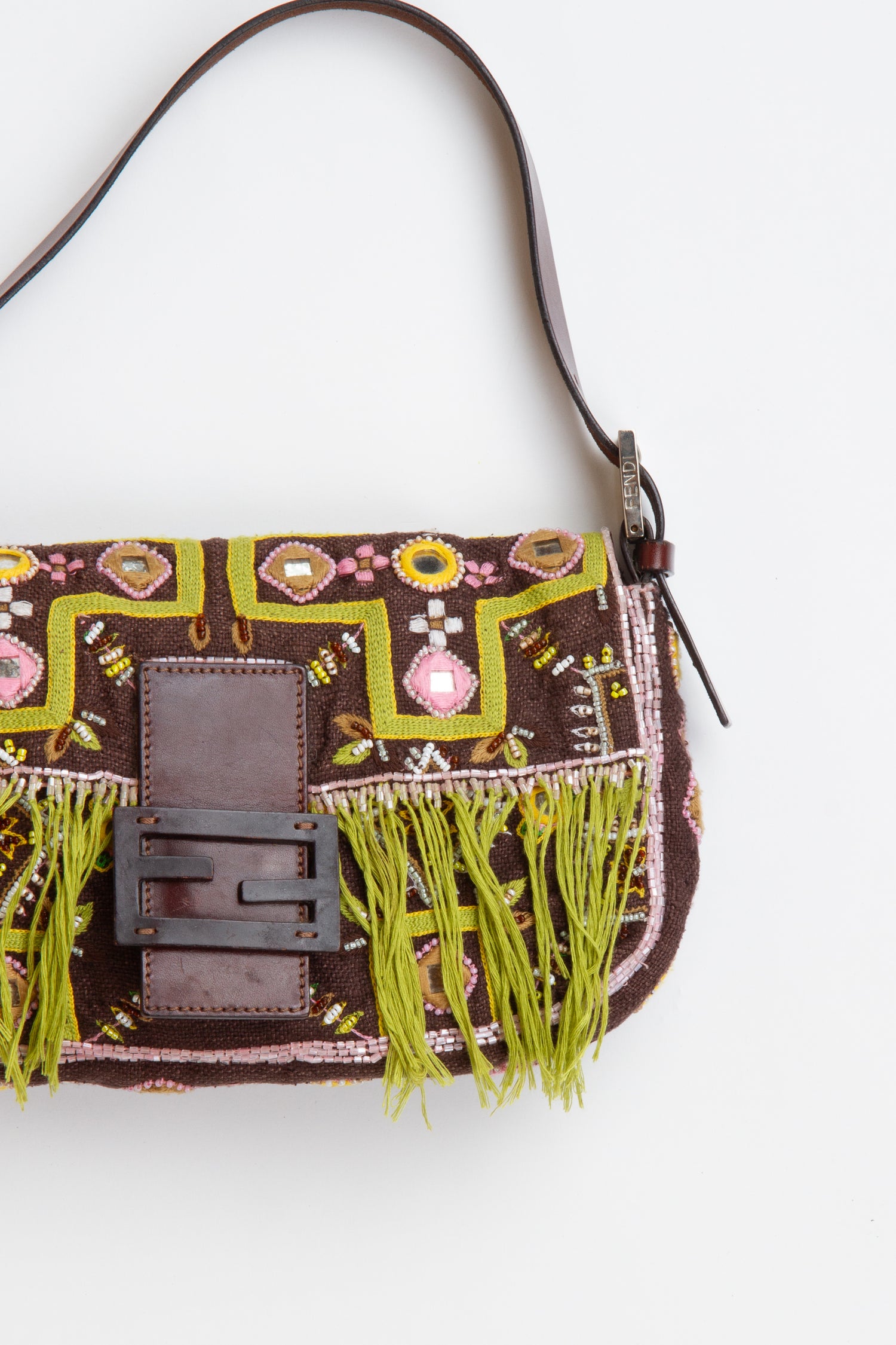 Fendi Floral Embroidered Fringe Beaded Baguette | Vintage Designer Purse