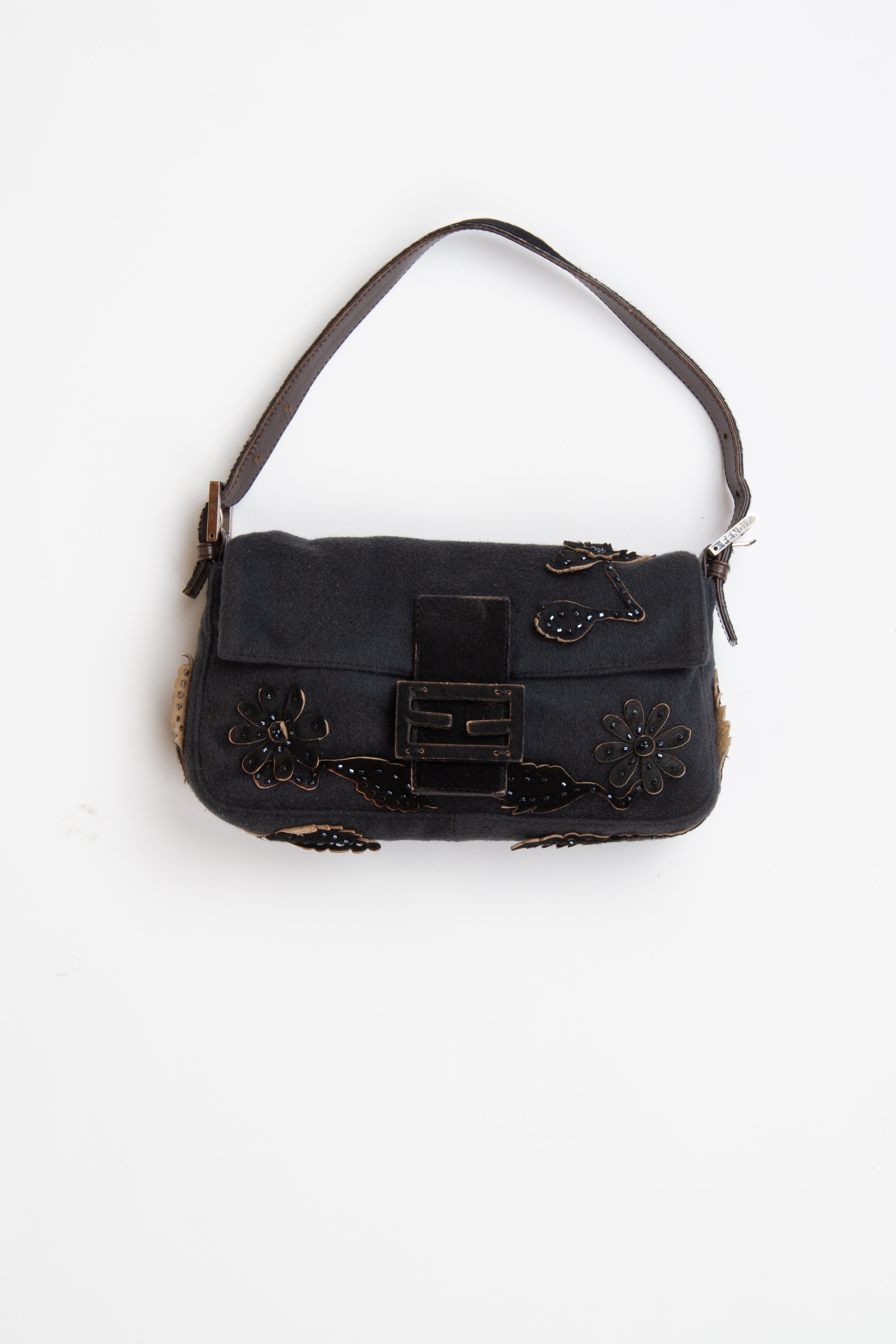 Fendi Floral Embroidered Wool Beaded Baguette | Vintage Designer Purse