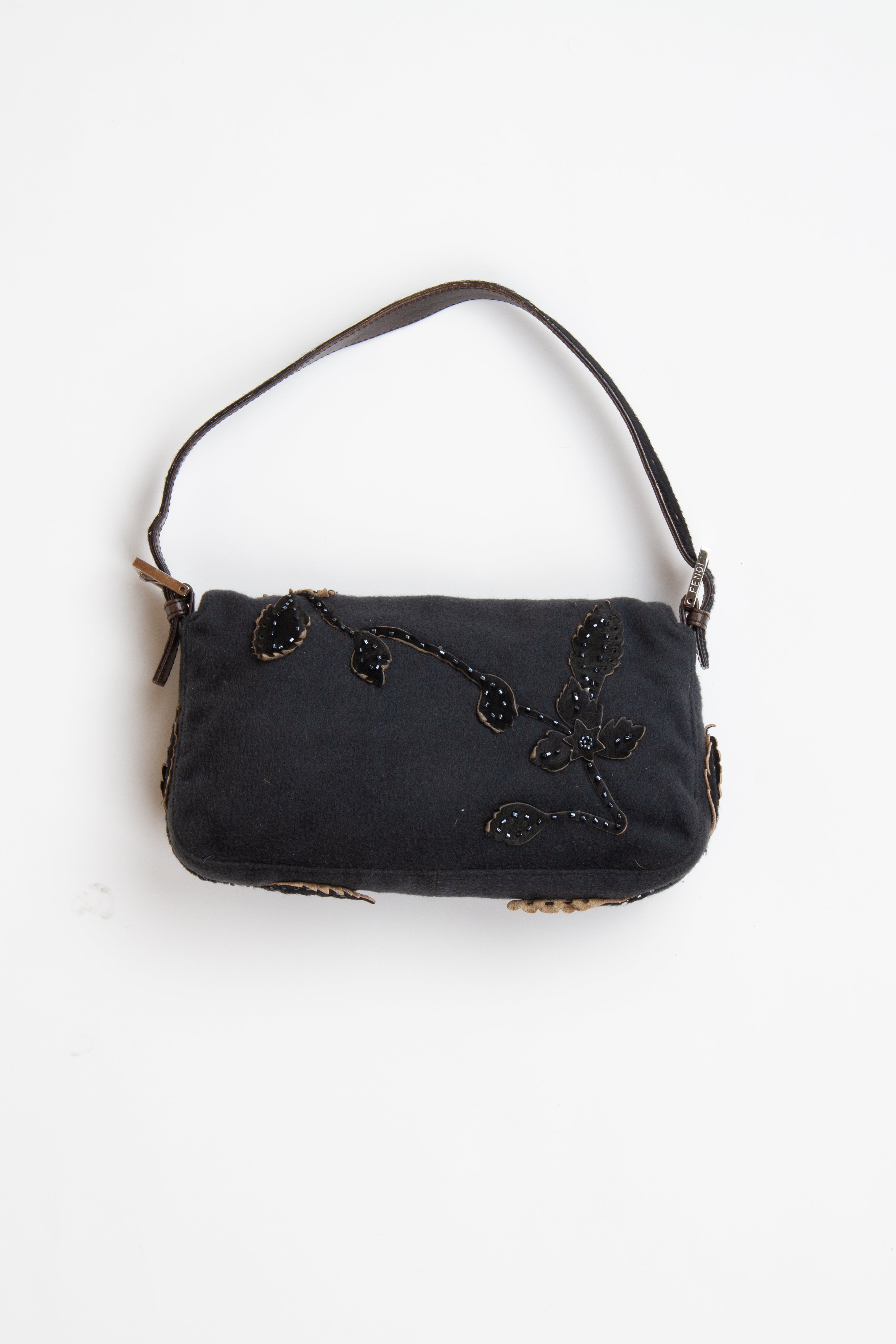 Fendi Floral Embroidered Wool Beaded Baguette | Vintage Designer Purse