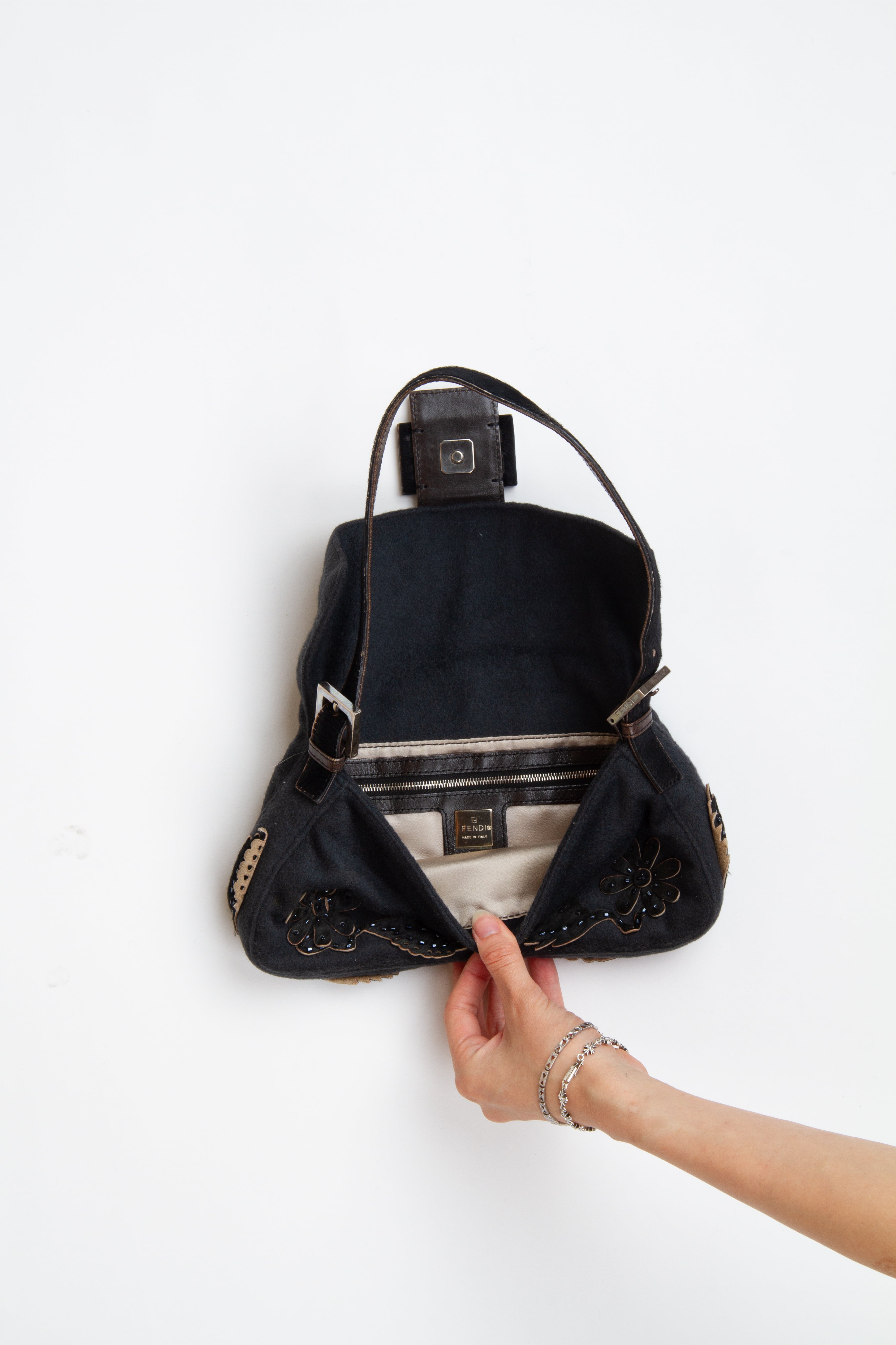 Fendi Floral Embroidered Wool Beaded Baguette | Vintage Designer Purse