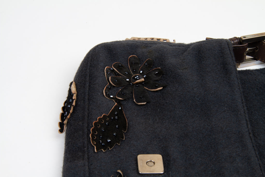 Fendi Floral Embroidered Wool Beaded Baguette | Vintage Designer Purse