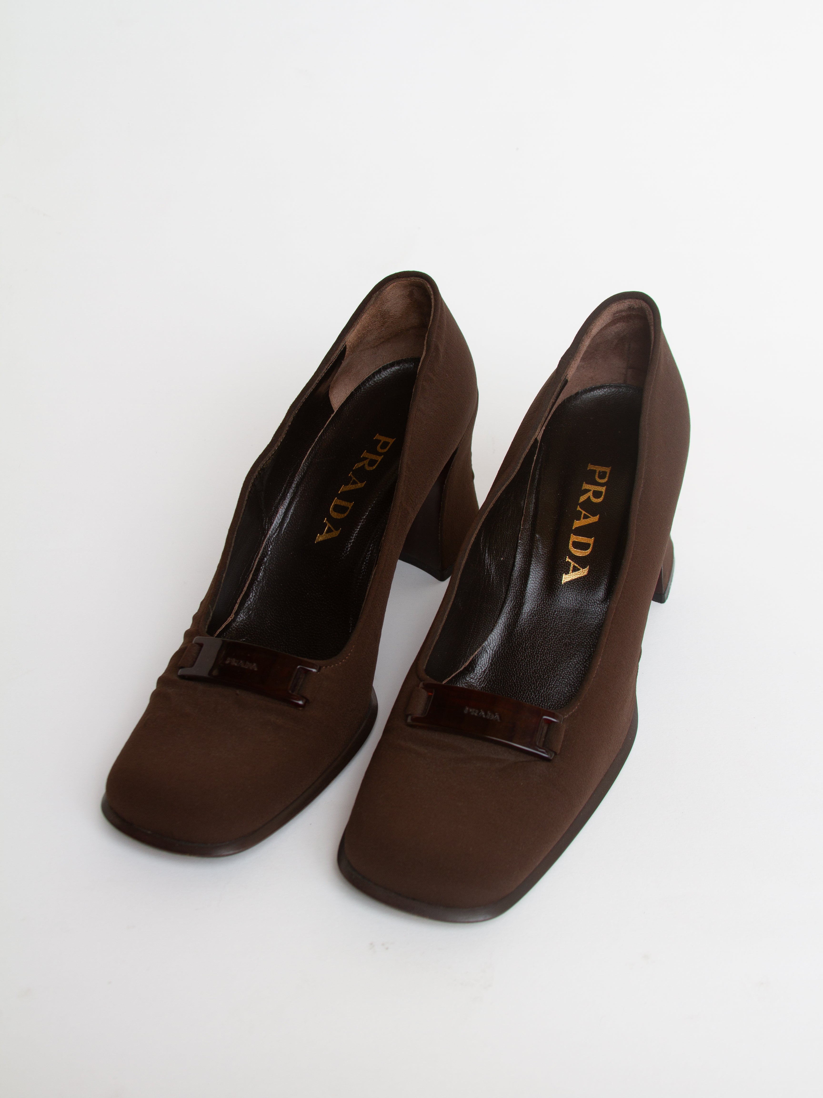 Vintage 90s Prada Size 38.5 Square Toe Brown Block Heels | Y2K Designer Shoes