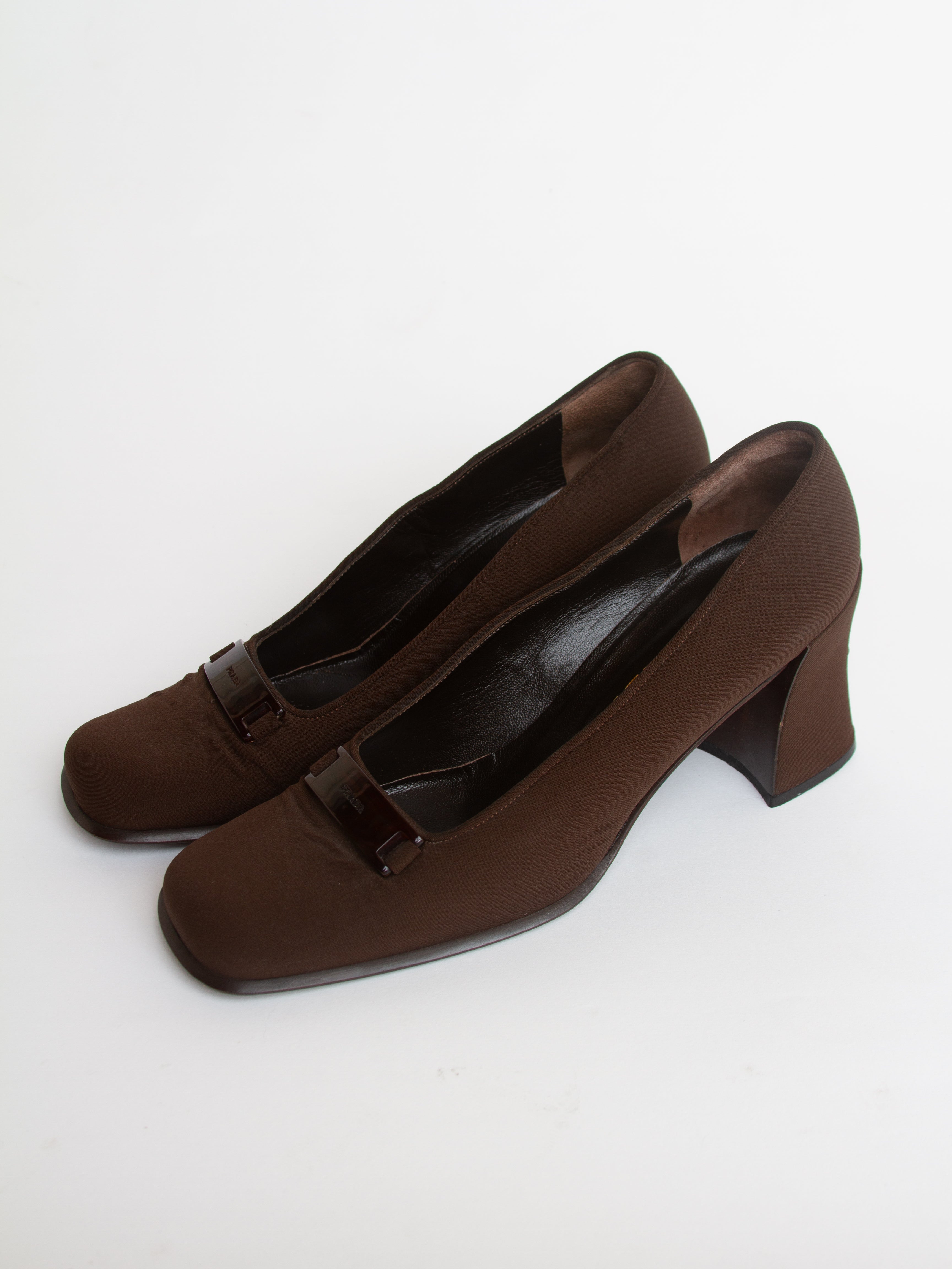 Vintage 90s Prada Size 38.5 Square Toe Brown Block Heels | Y2K Designer Shoes