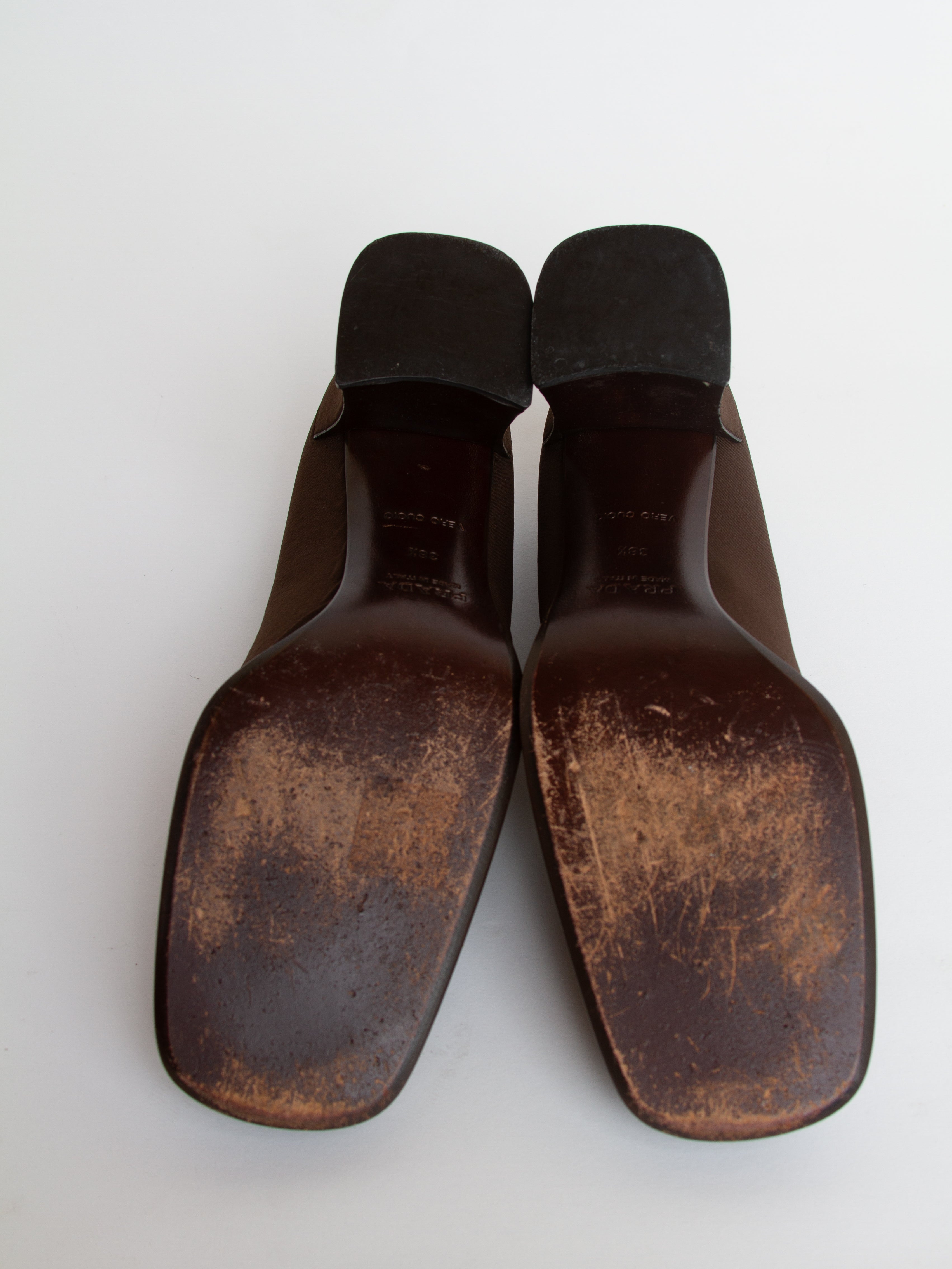 Vintage 90s Prada Size 38.5 Square Toe Brown Block Heels | Y2K Designer Shoes