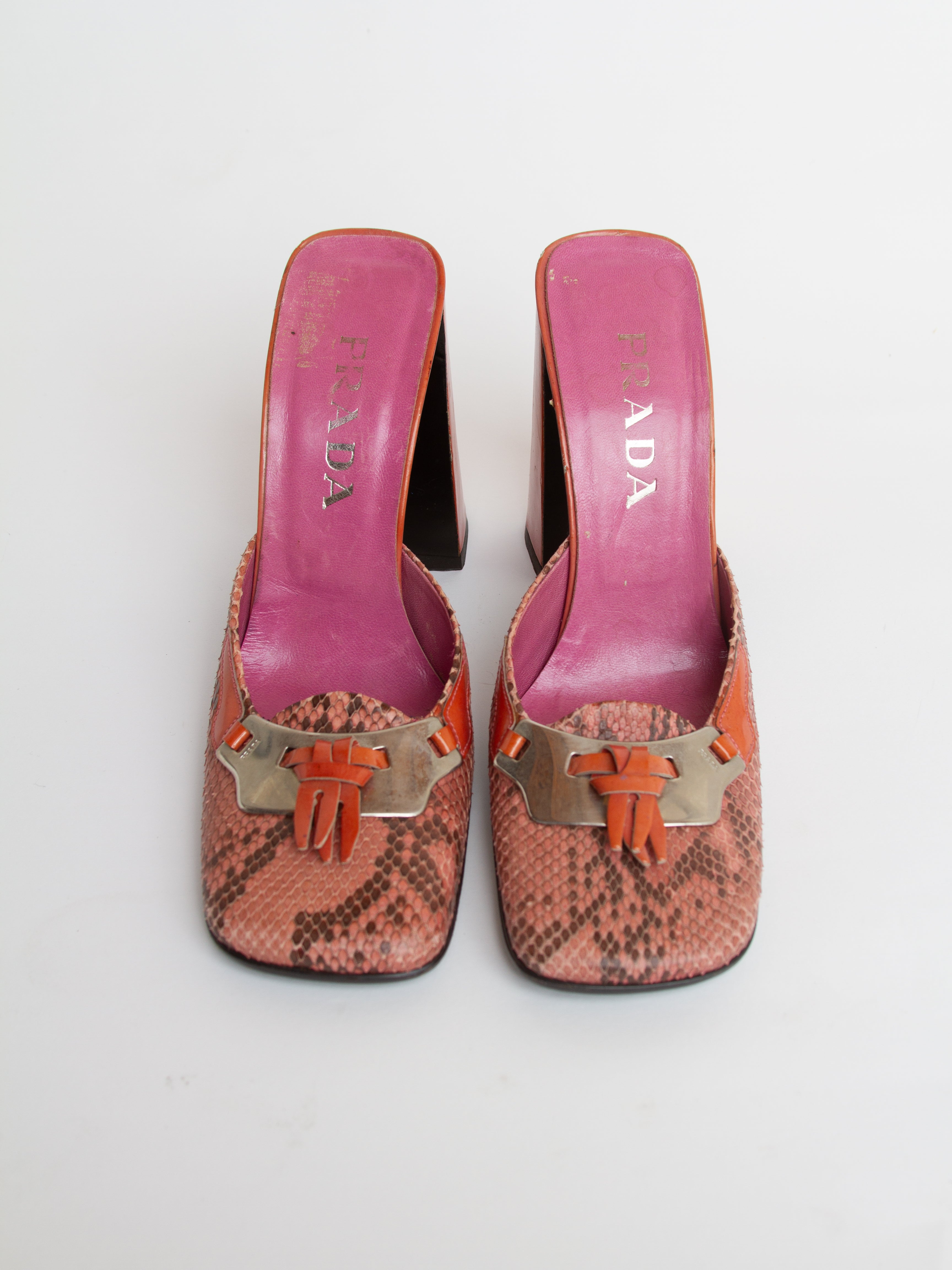 Vintage FW 1999 Prada Size 39 Square Toe Snakeskin Block Heels | Y2K Designer Shoes