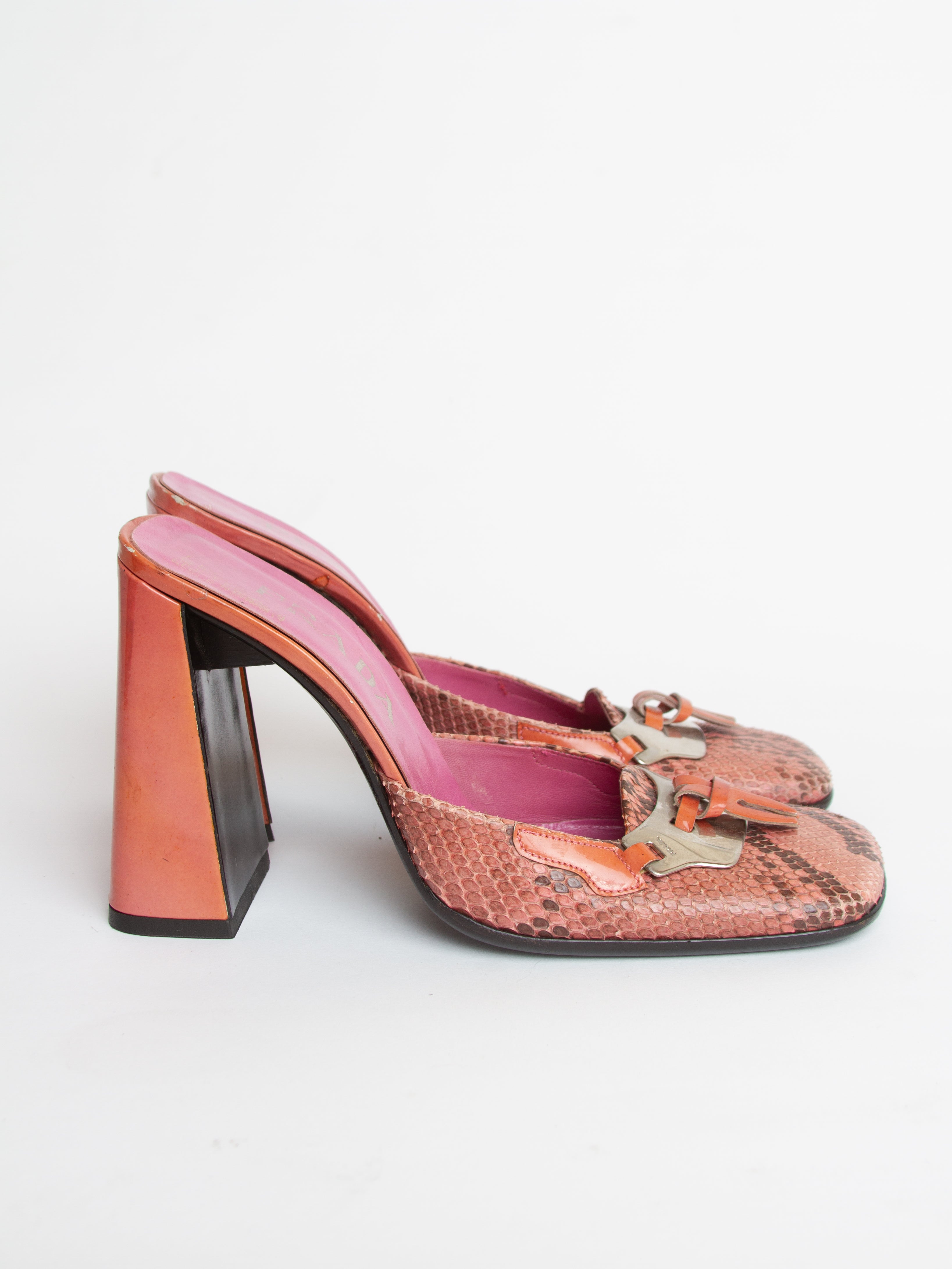 Vintage FW 1999 Prada Size 39 Square Toe Snakeskin Block Heels | Y2K Designer Shoes