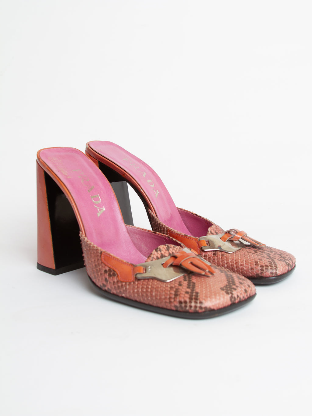 Vintage FW 1999 Prada Size 39 Square Toe Snakeskin Block Heels | Y2K Designer Shoes