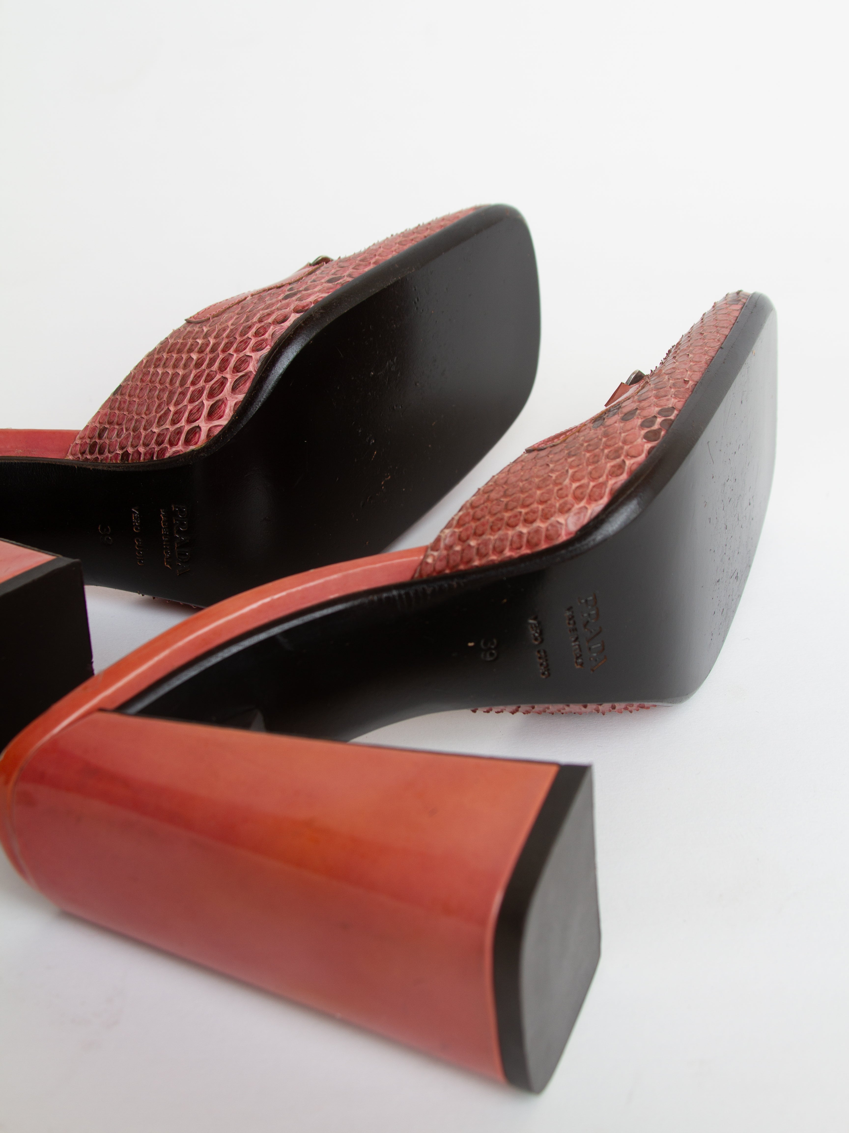 Vintage FW 1999 Prada Size 39 Square Toe Snakeskin Block Heels | Y2K Designer Shoes