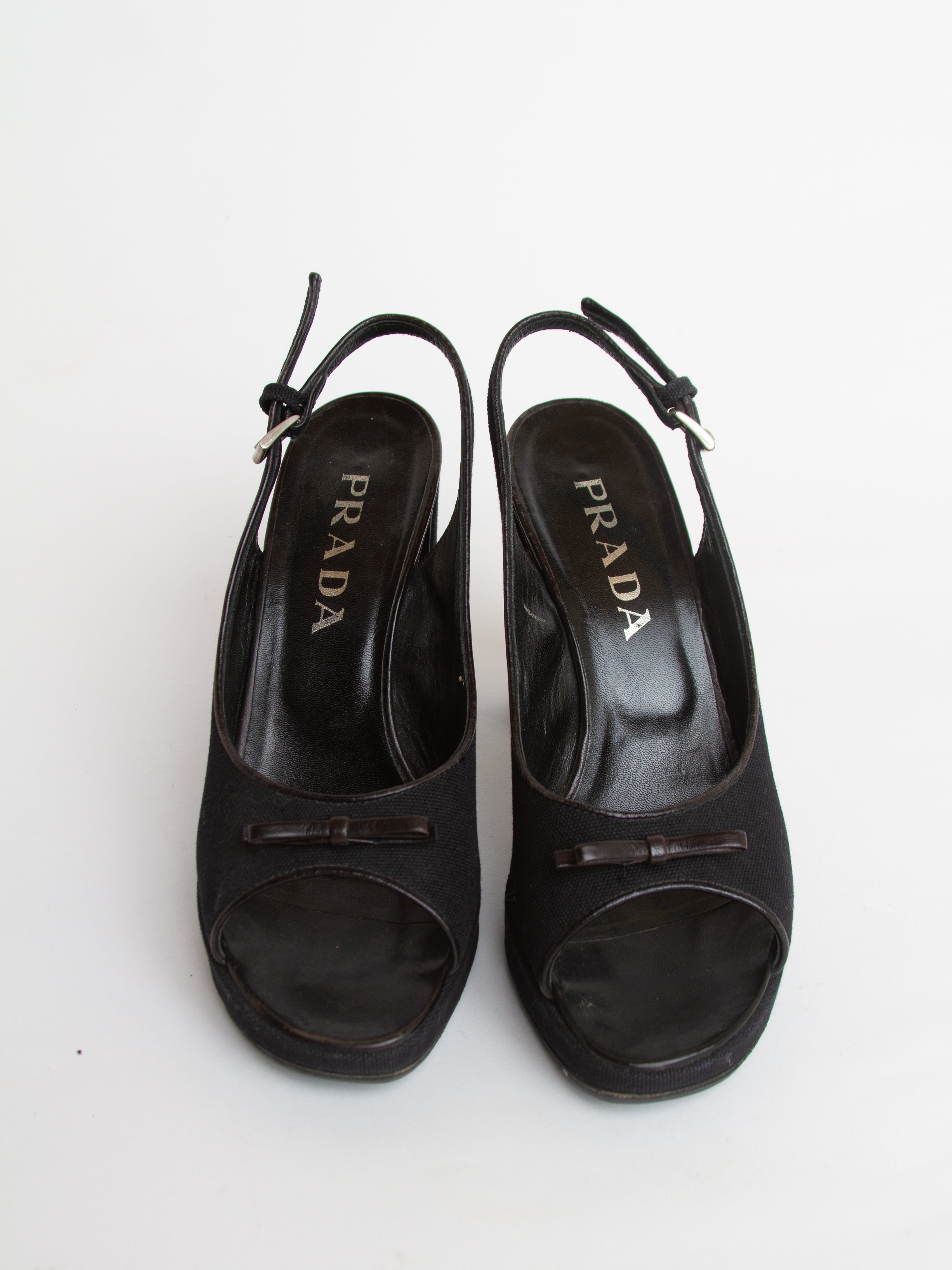 Vintage 2000s Prada Size 37.5 Open Toe Platform Heels | Y2K Designer Shoes