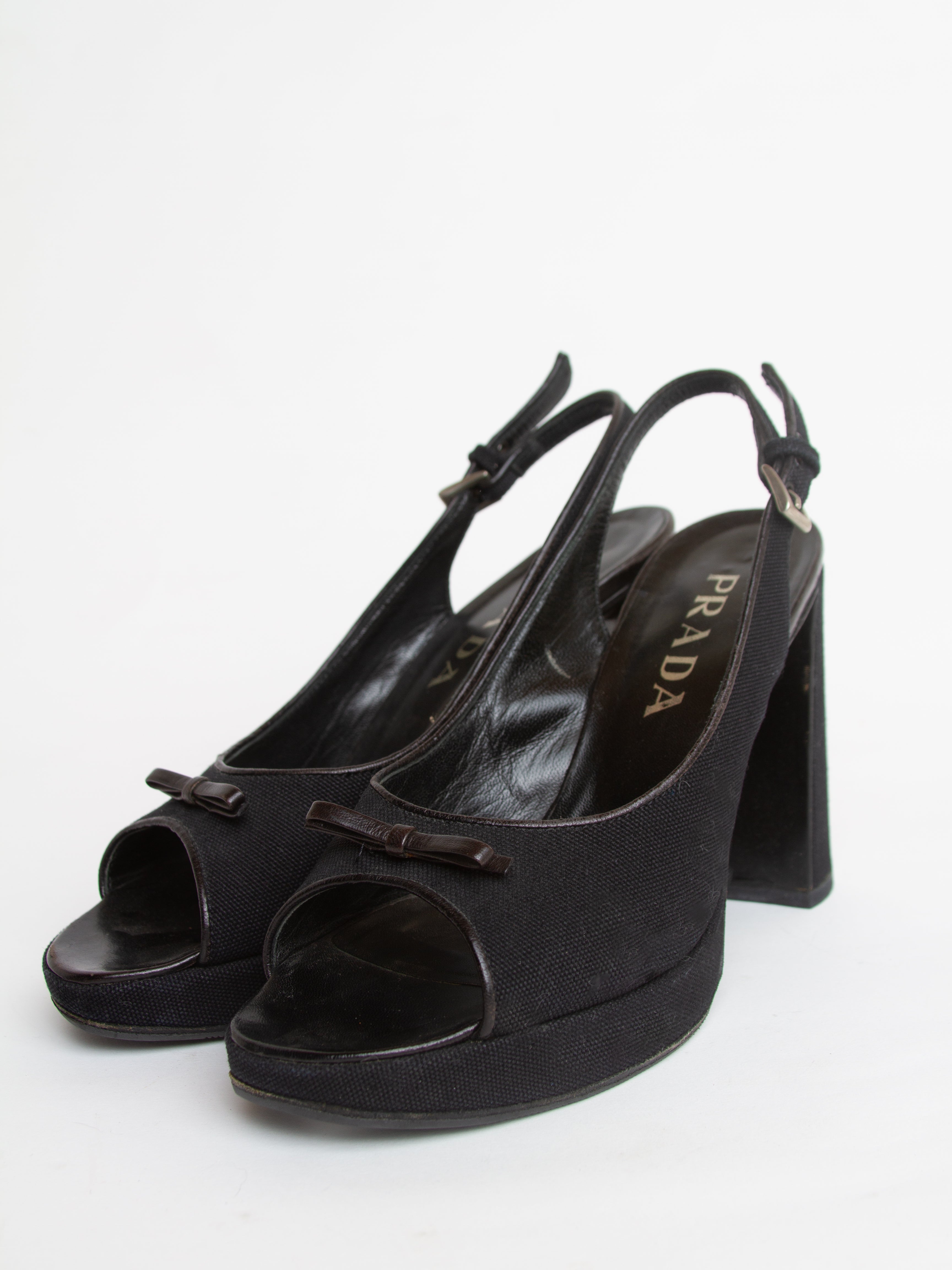 Vintage 2000s Prada Size 37.5 Open Toe Platform Heels | Y2K Designer Shoes