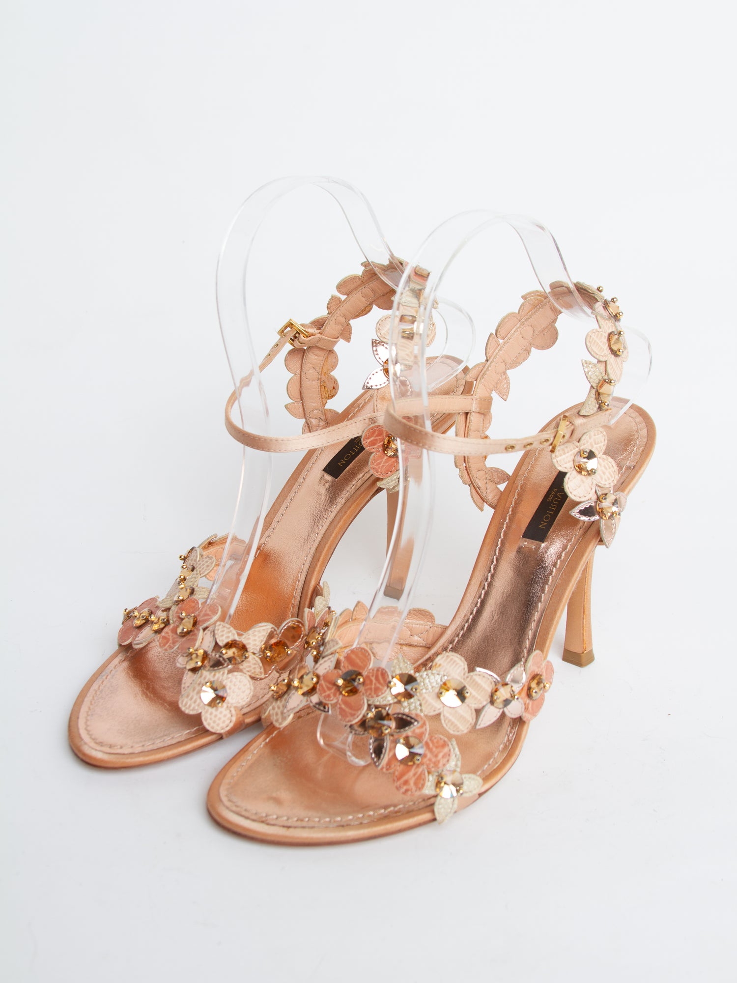 Louis Vuitton Size 38 Rose Gold Leather Flower Crystal Embellished Sandals with Box | Y2K Designer Shoes Heels