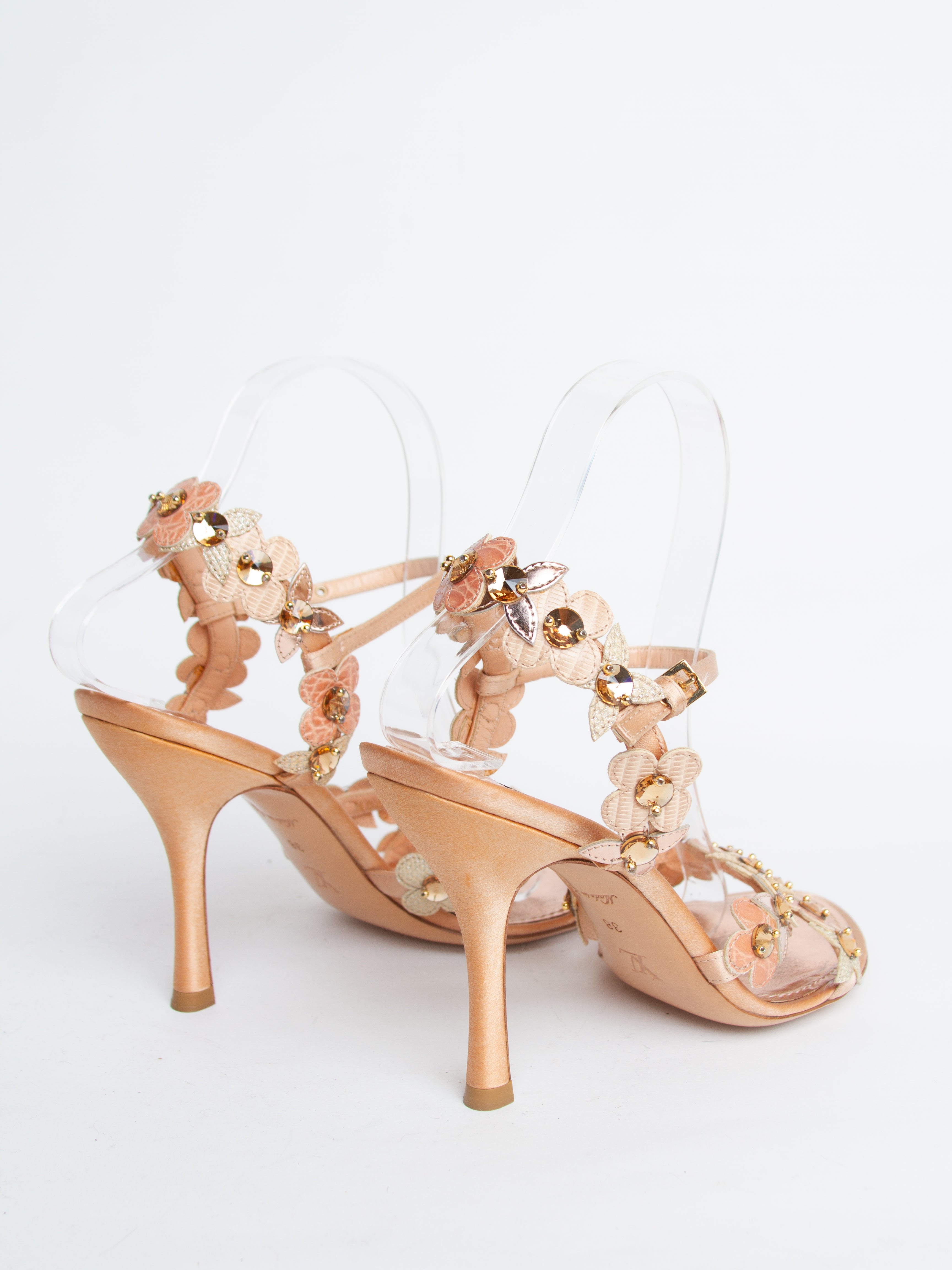 Louis Vuitton Size 38 Rose Gold Leather Flower Crystal Embellished Sandals with Box | Y2K Designer Shoes Heels