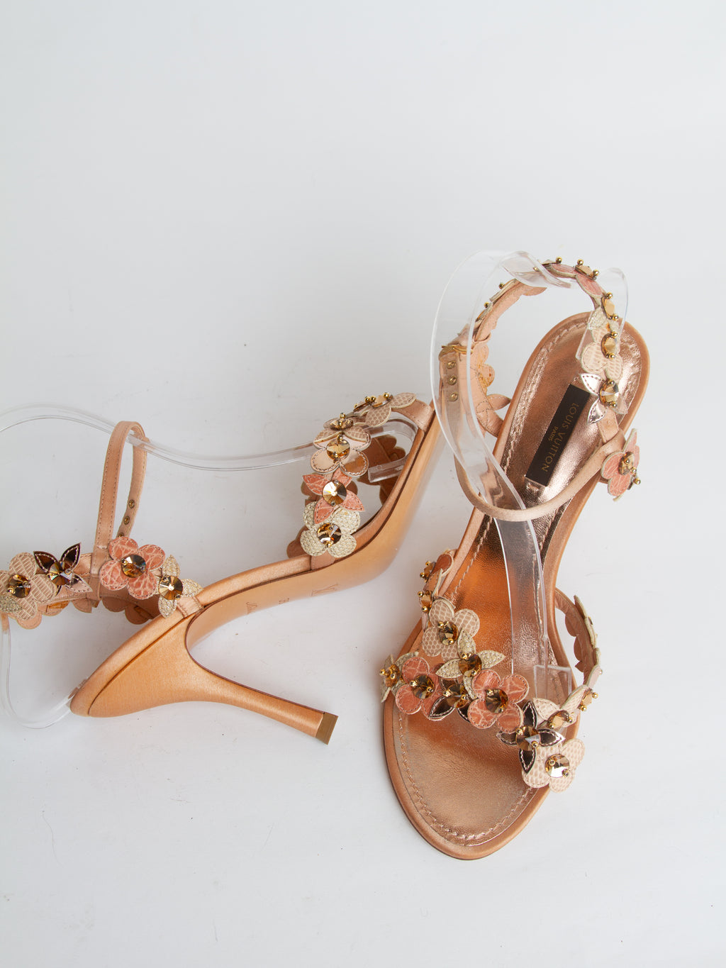 Louis Vuitton Size 38 Rose Gold Leather Flower Crystal Embellished Sandals with Box | Y2K Designer Shoes Heels