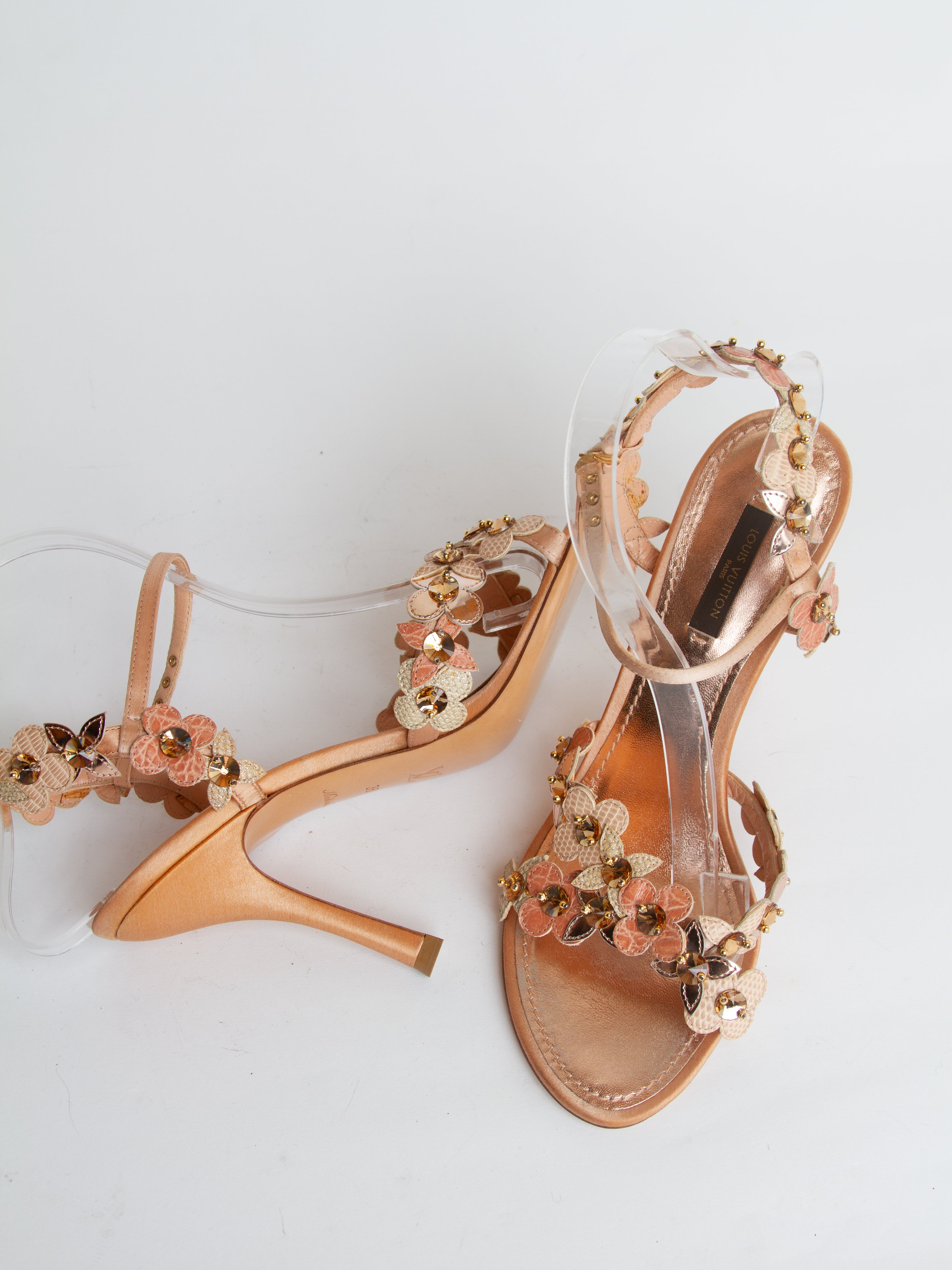 Louis Vuitton Size 38 Rose Gold Leather Flower Crystal Embellished Sandals with Box | Y2K Designer Shoes Heels