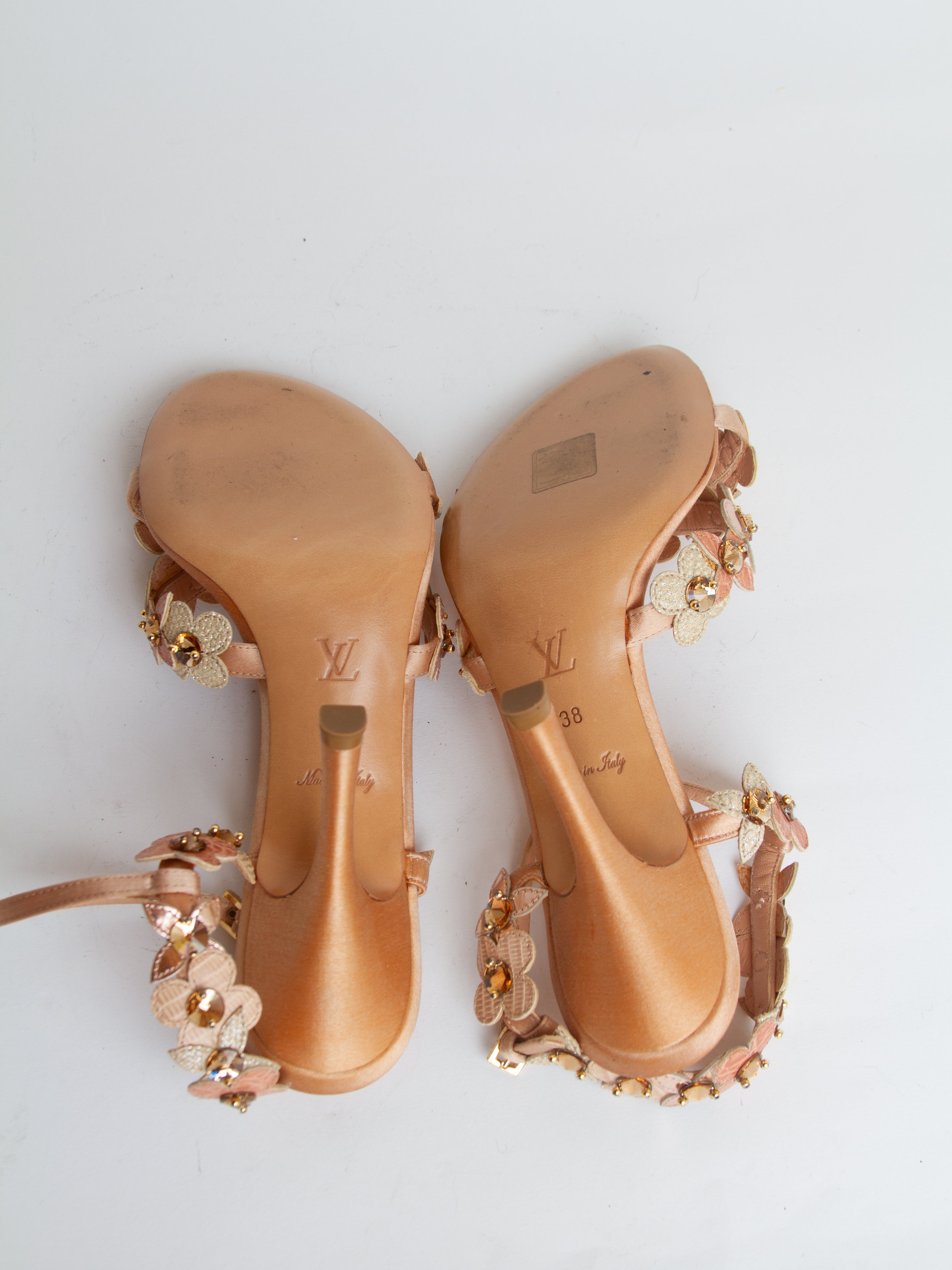 Louis Vuitton Size 38 Rose Gold Leather Flower Crystal Embellished Sandals with Box | Y2K Designer Shoes Heels