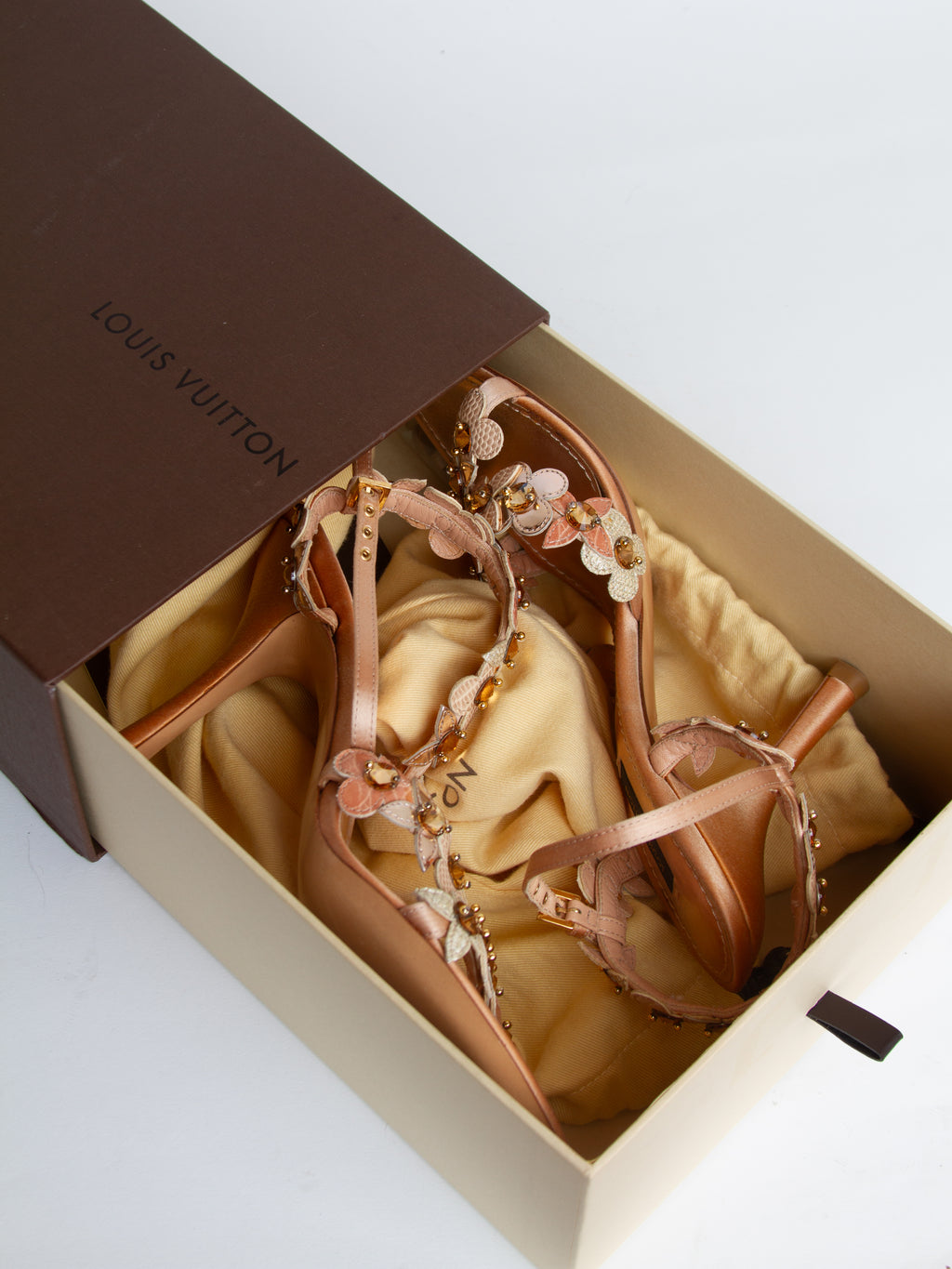 Louis Vuitton Size 38 Rose Gold Leather Flower Crystal Embellished Sandals with Box | Y2K Designer Shoes Heels