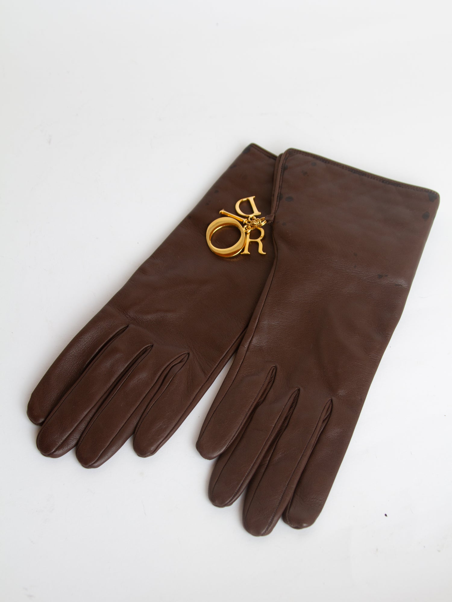 Vintage 90s Brown Lambskin Dior Gloves with Letter Charms