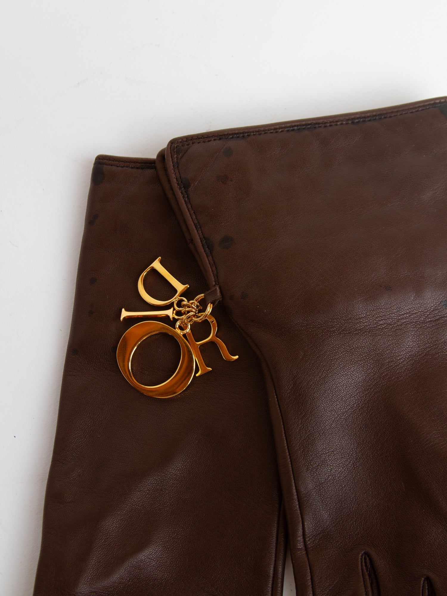 Vintage 90s Brown Lambskin Dior Gloves with Letter Charms