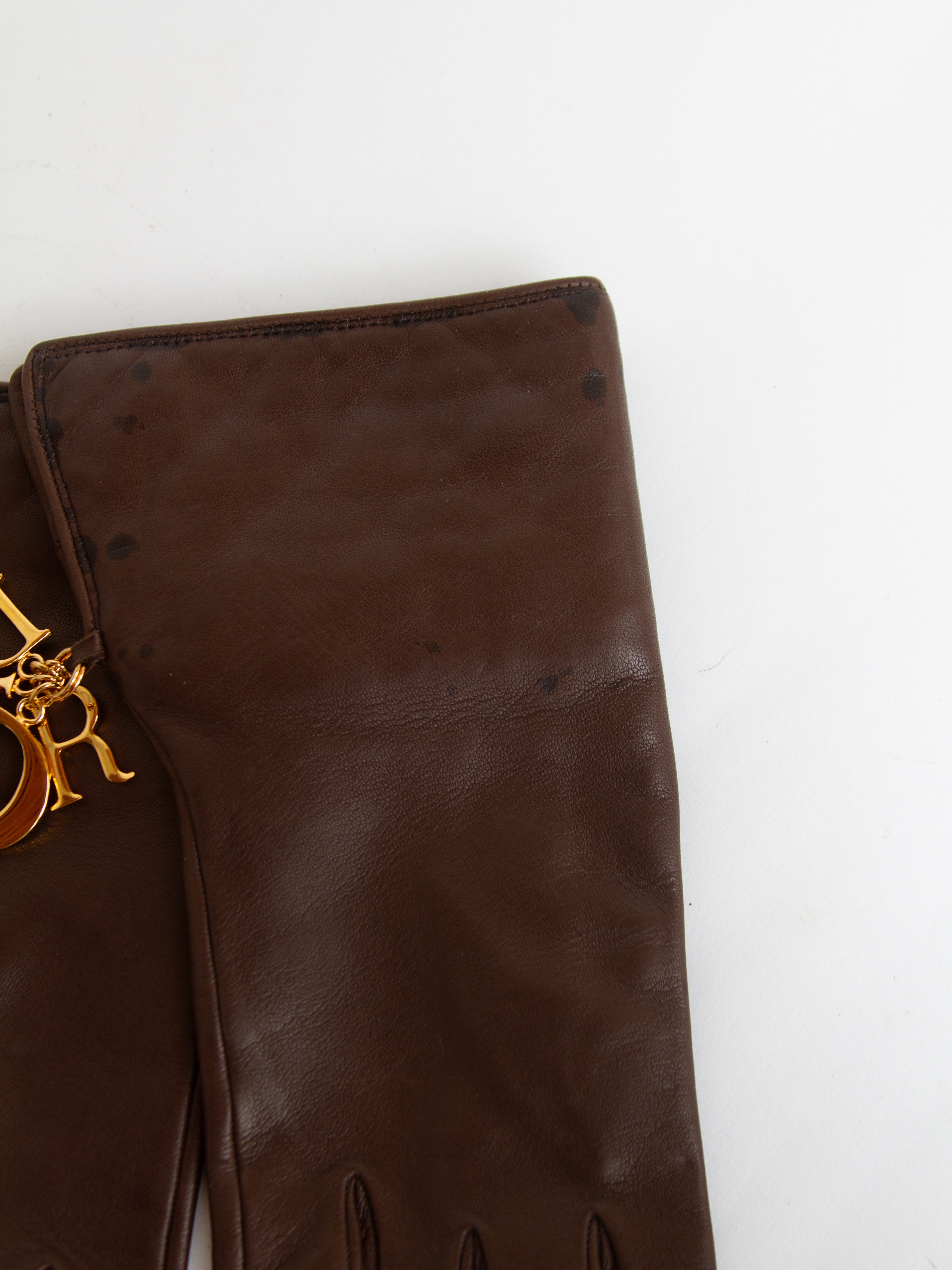 Vintage 90s Brown Lambskin Dior Gloves with Letter Charms