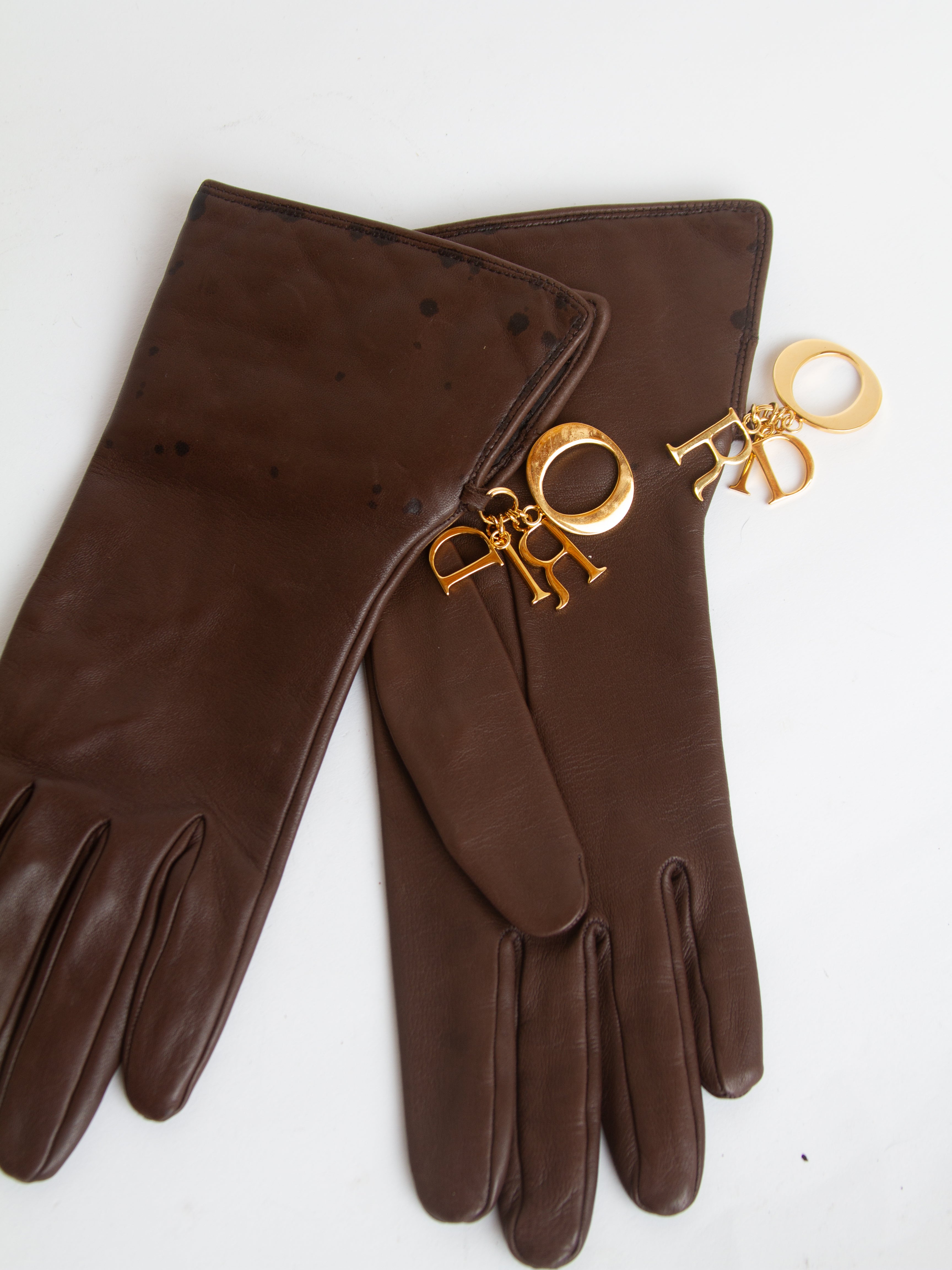 Vintage 90s Brown Lambskin Dior Gloves with Letter Charms