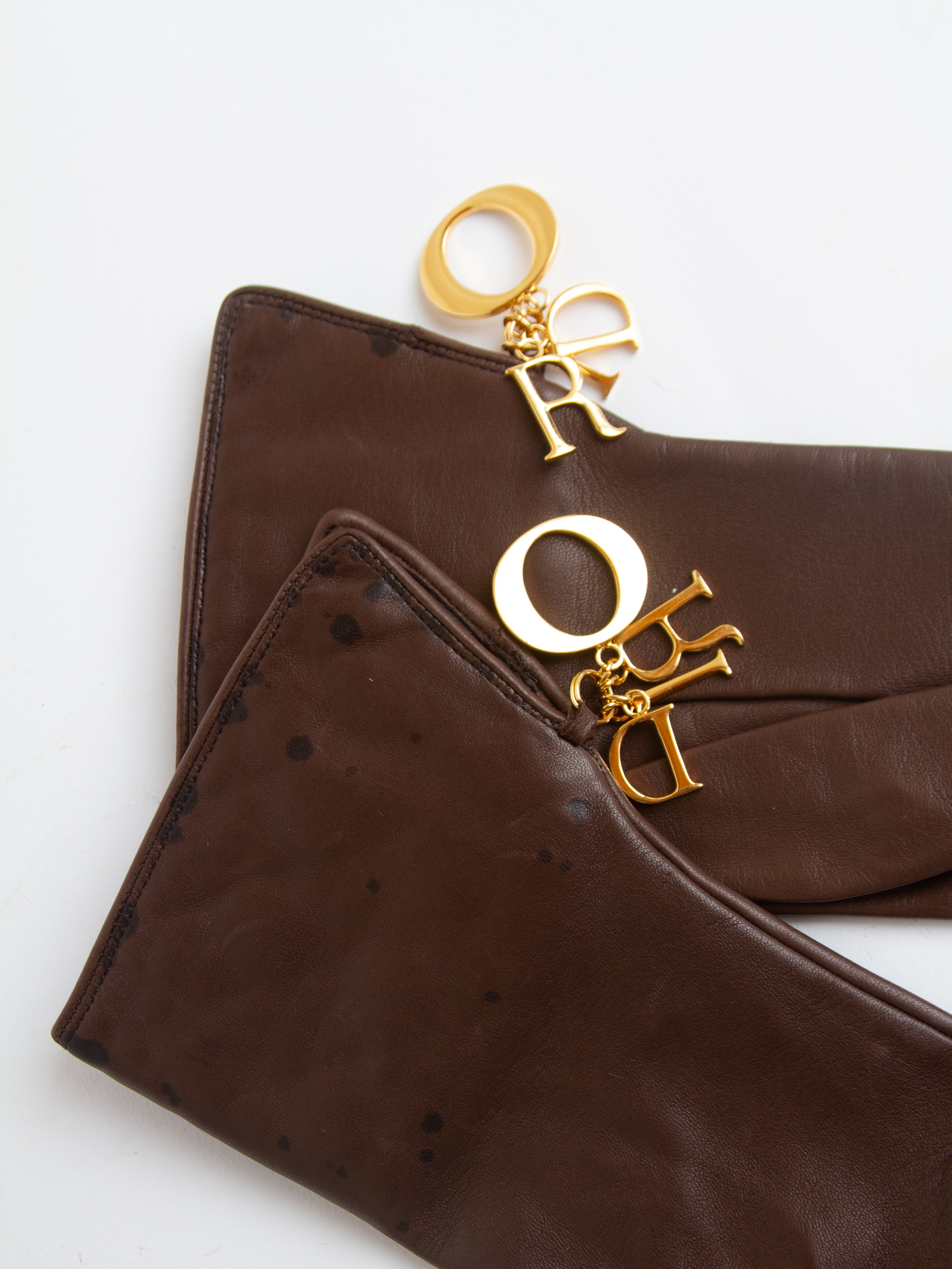 Vintage 90s Brown Lambskin Dior Gloves with Letter Charms