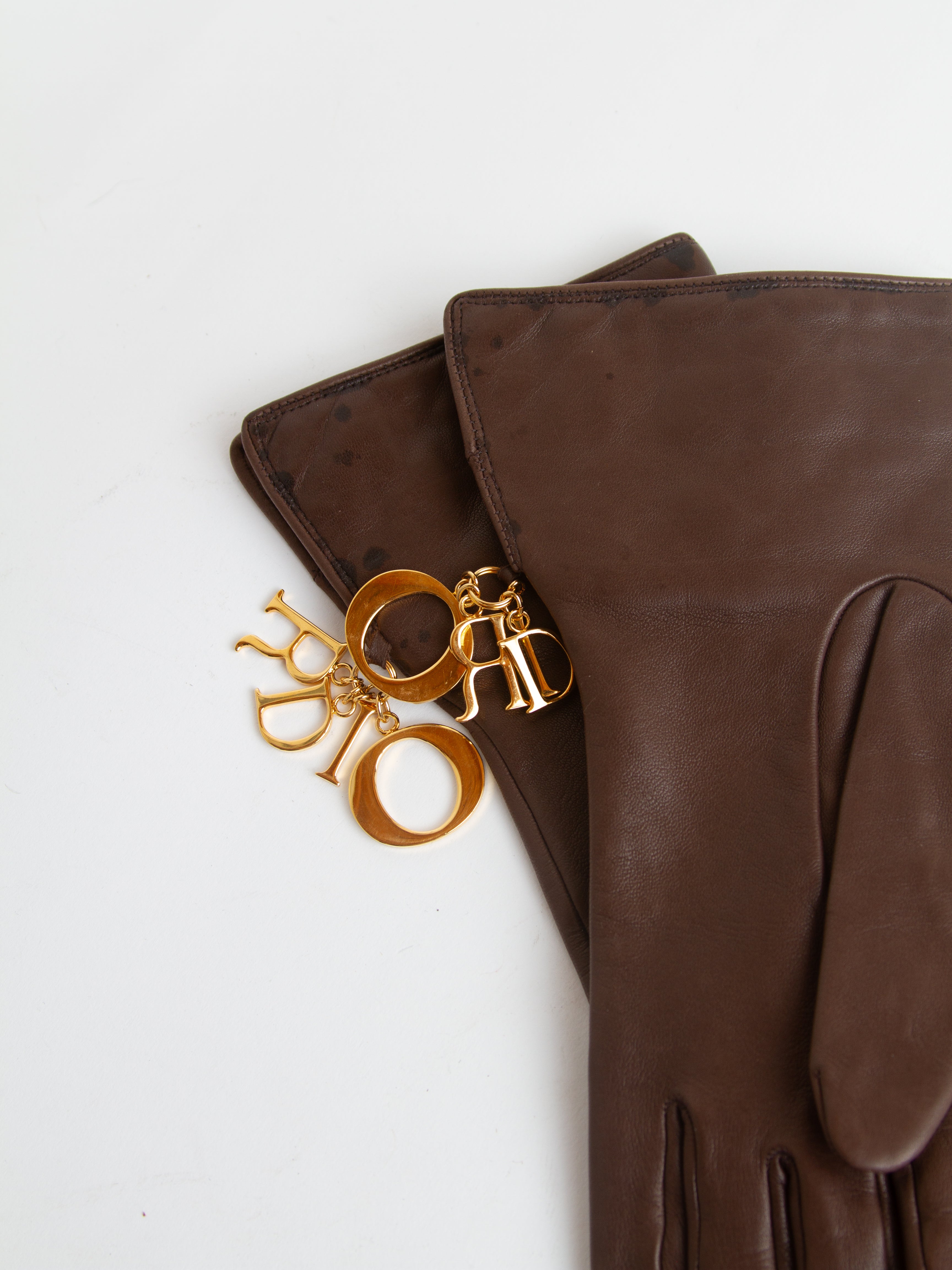 Vintage 90s Brown Lambskin Dior Gloves with Letter Charms