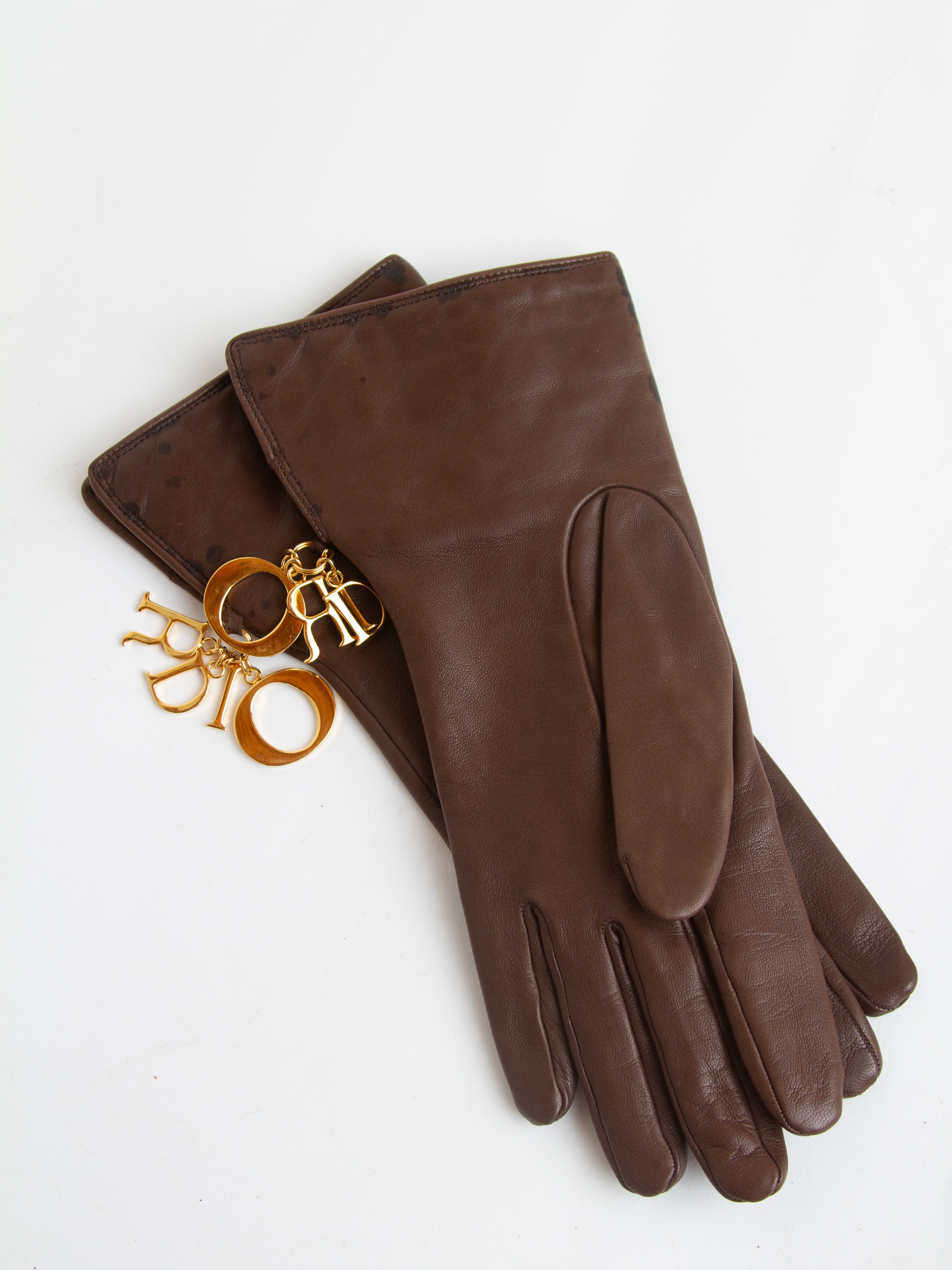 Vintage 90s Brown Lambskin Dior Gloves with Letter Charms