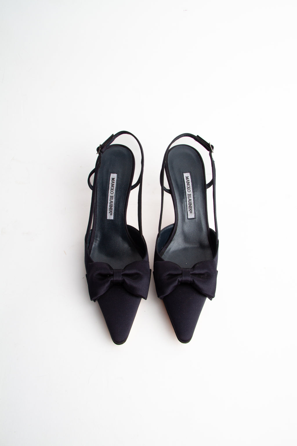 Manolo Blahnik Size 40 Navy Satin Bow Slingbacks | Y2K Designer Heels Shoes