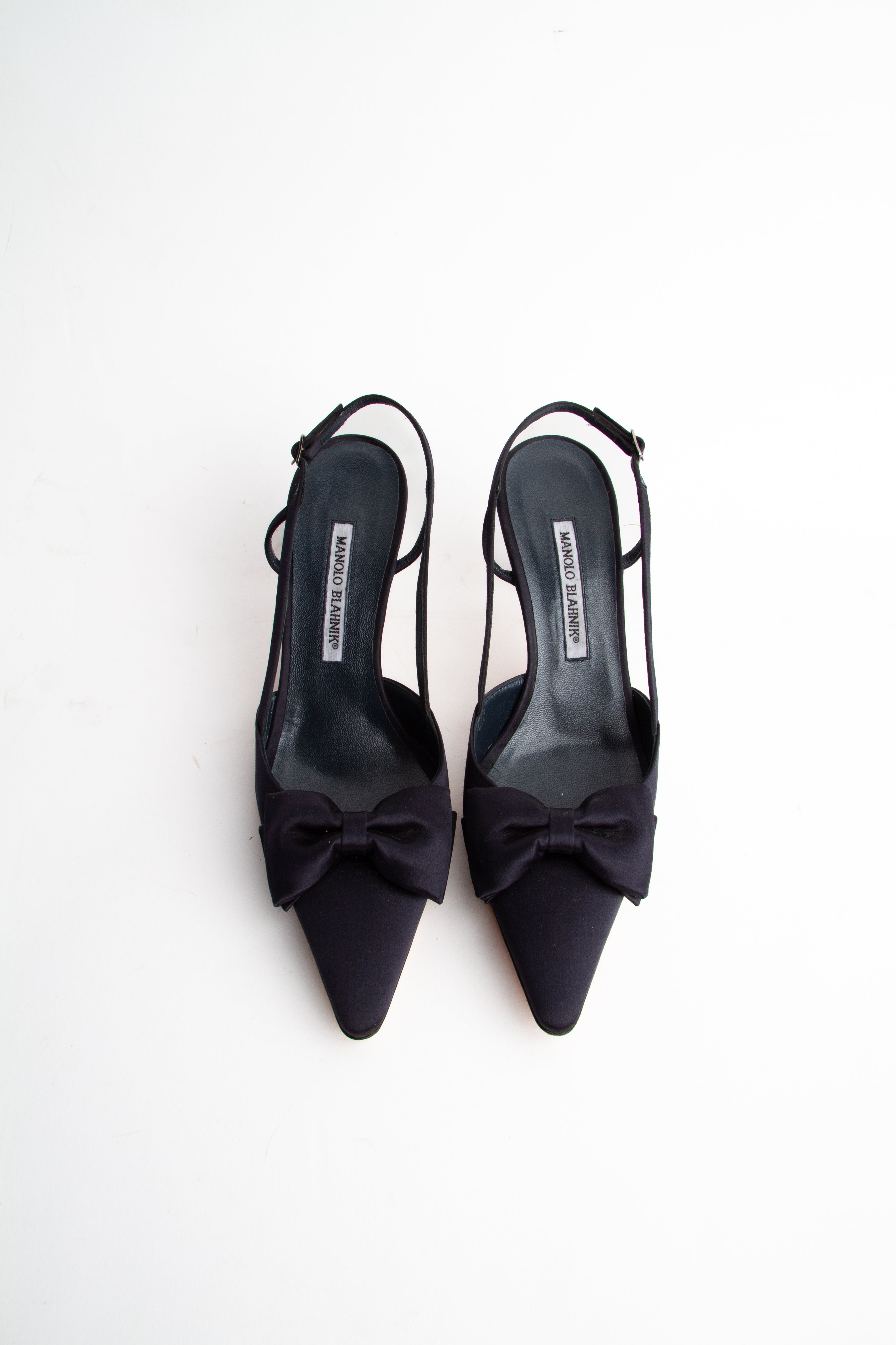 Manolo Blahnik Size 40 Navy Satin Bow Slingbacks | Y2K Designer Heels Shoes