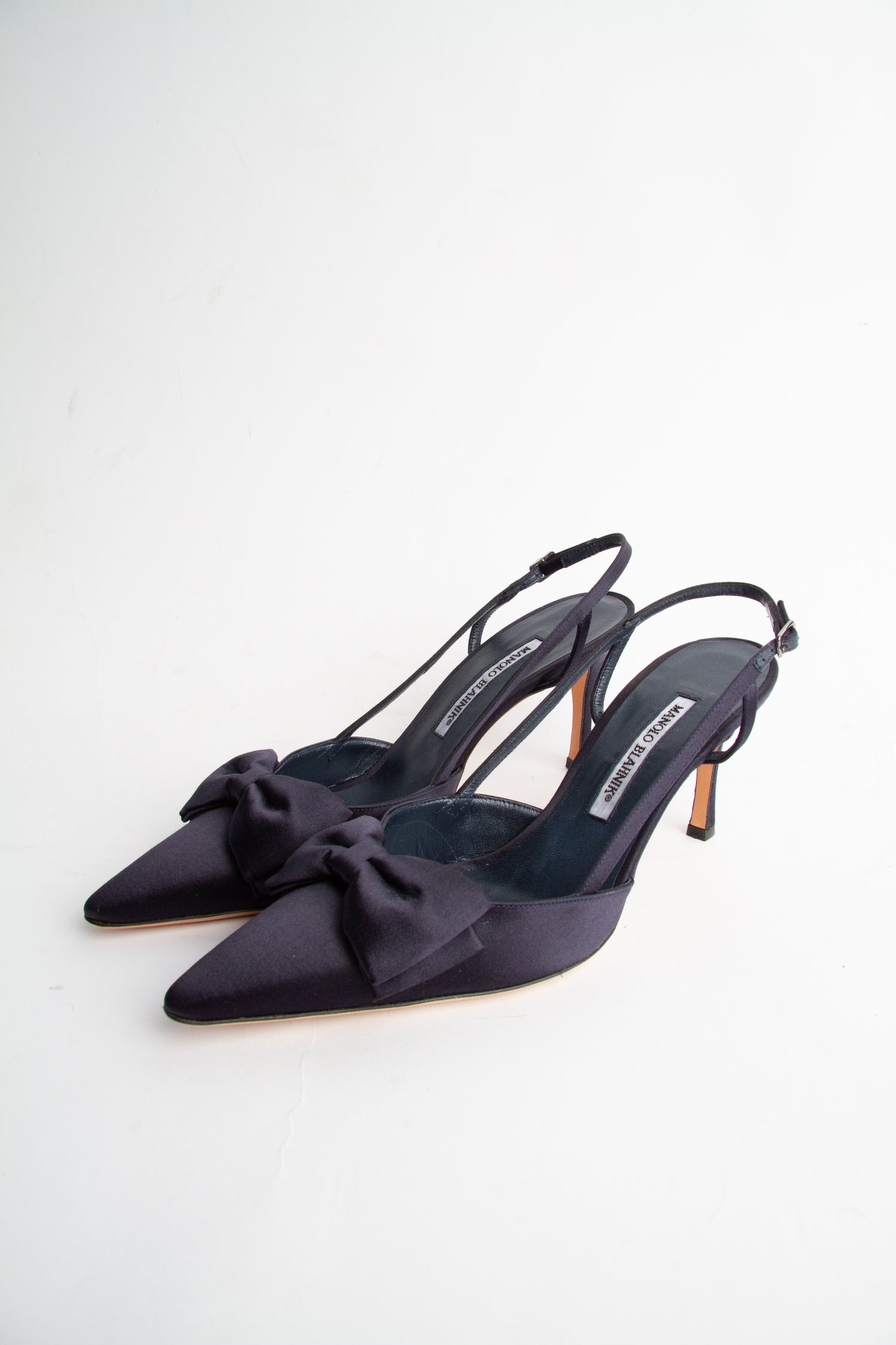 Manolo Blahnik Size 40 Navy Satin Bow Slingbacks | Y2K Designer Heels Shoes