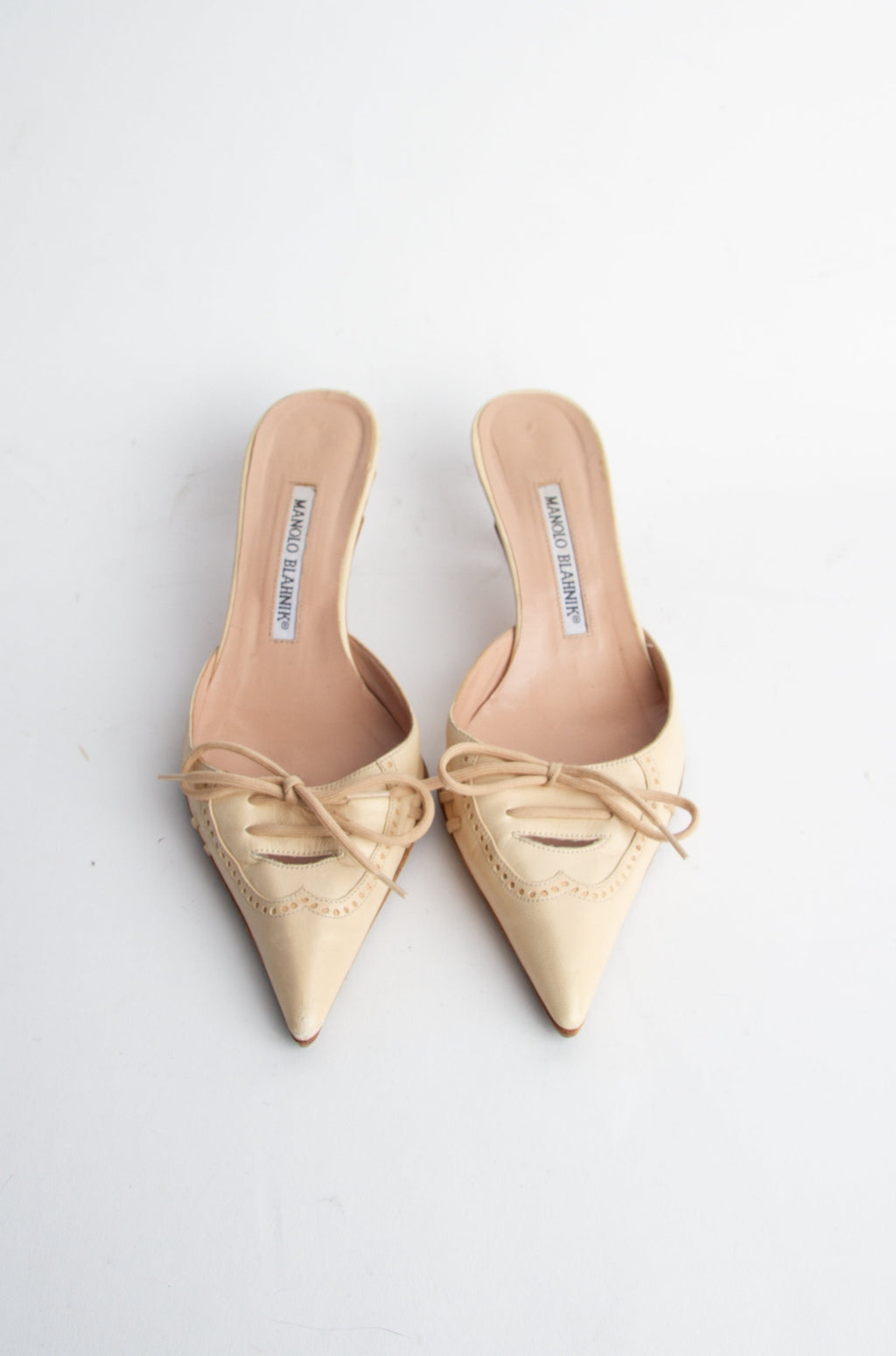 Manolo Blahnik Size 37 Tan Lace Up Bow Mules| Y2K Designer Heels Shoes